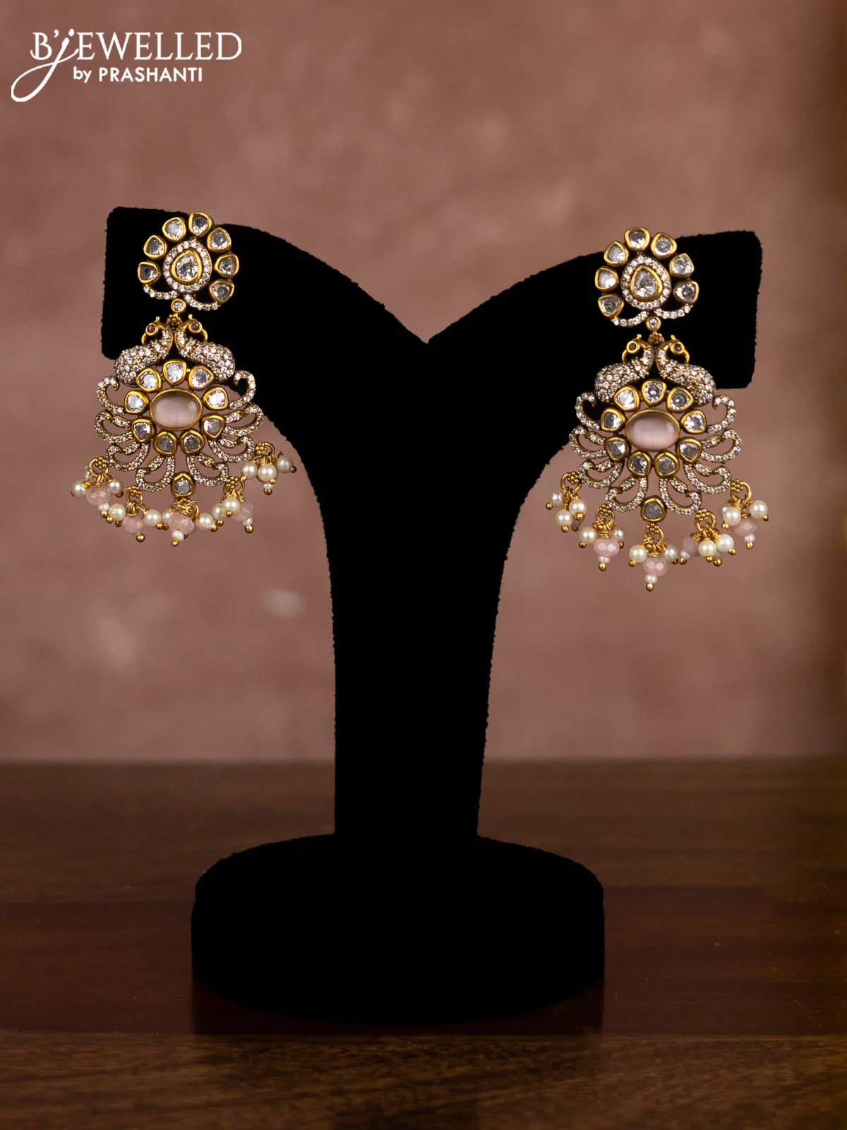 Beaded multilayer baby pink necklace with cz stones and pearl & beads hangings in victorian finish - Image 2