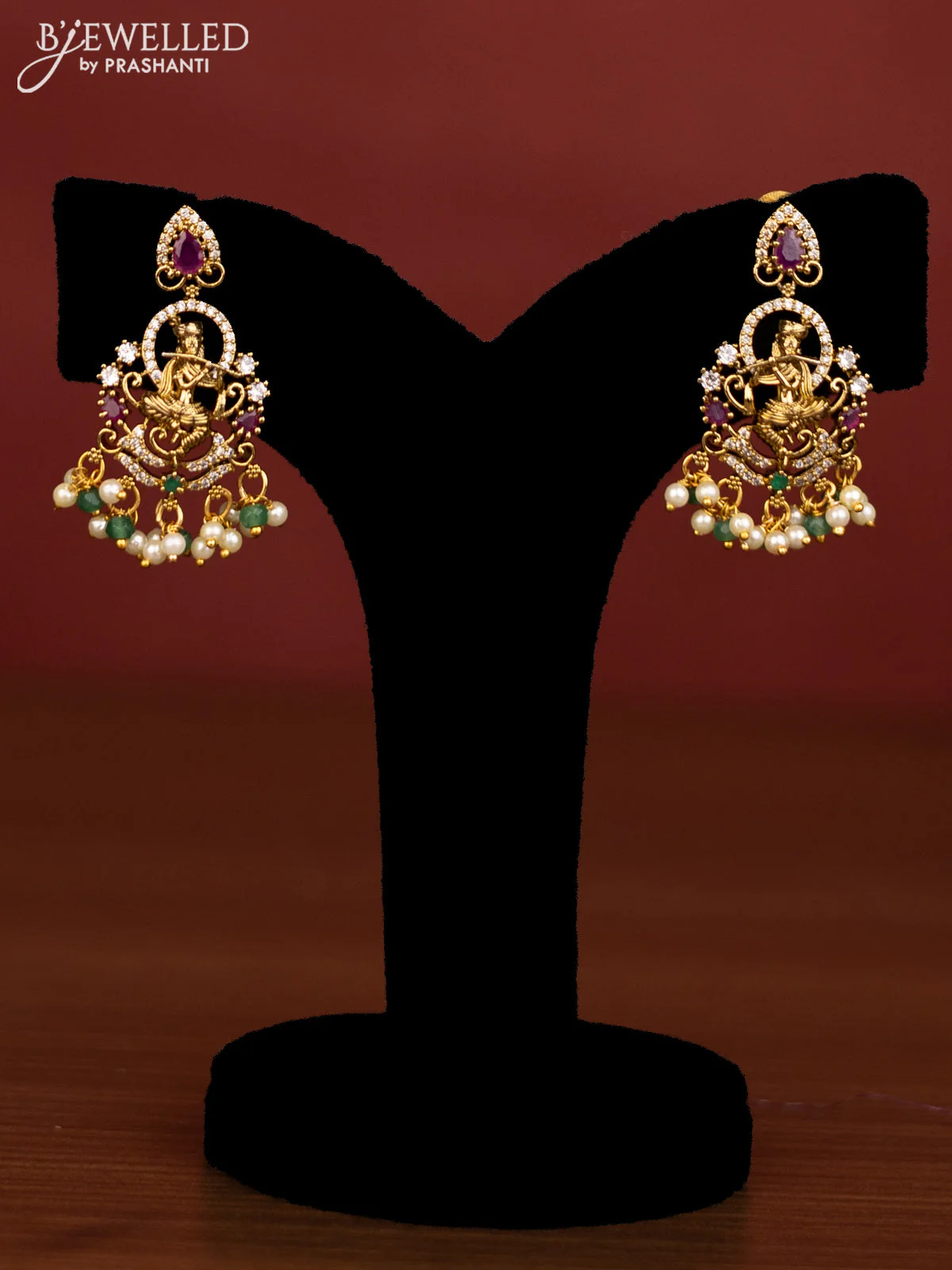 Beaded multilayer emerald necklace krishna pendant with ruby & cz stones and pearl hanging in victorian finish - Image 2