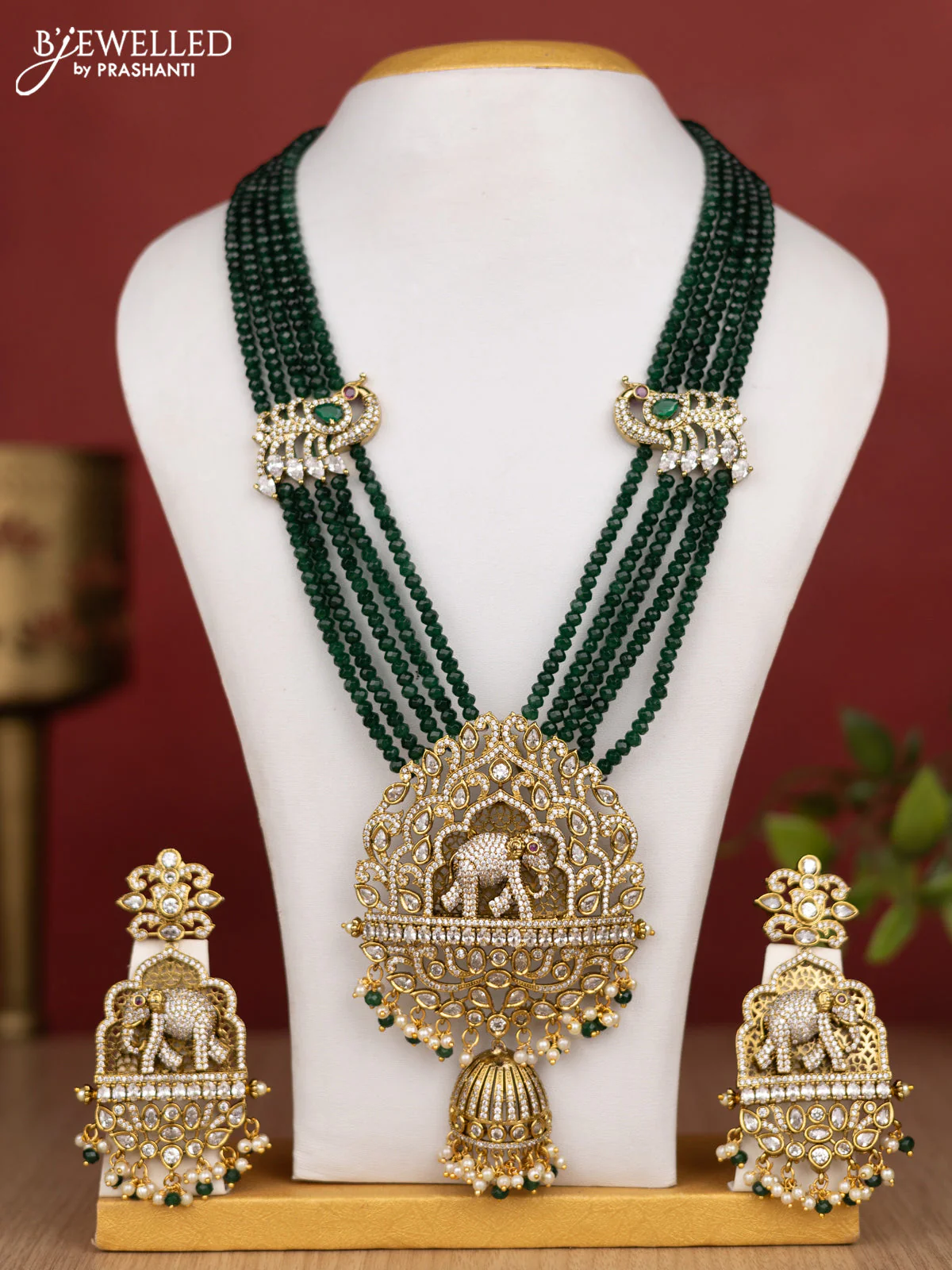 Beaded multilayer green haram elephant pendant with cz stones and pearl & beads hanging in victorian finish