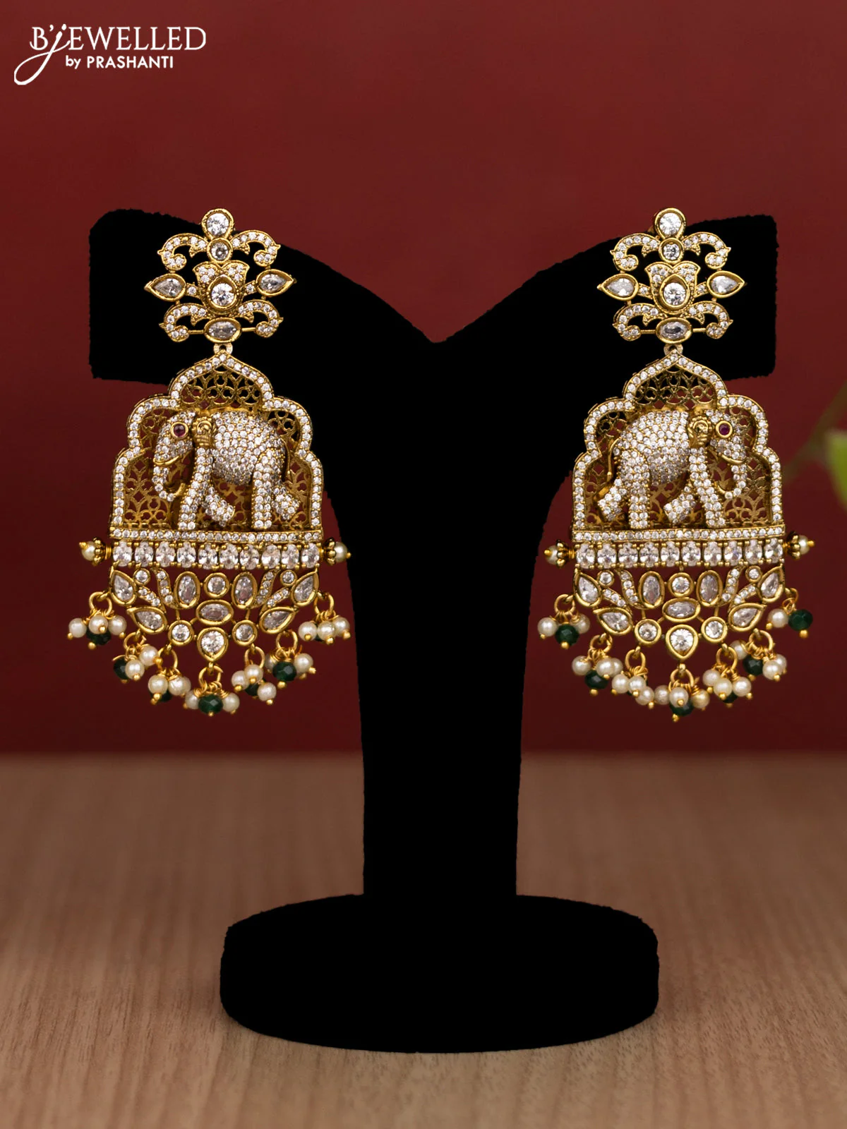 Beaded multilayer green haram elephant pendant with cz stones and pearl & beads hanging in victorian finish - Image 2