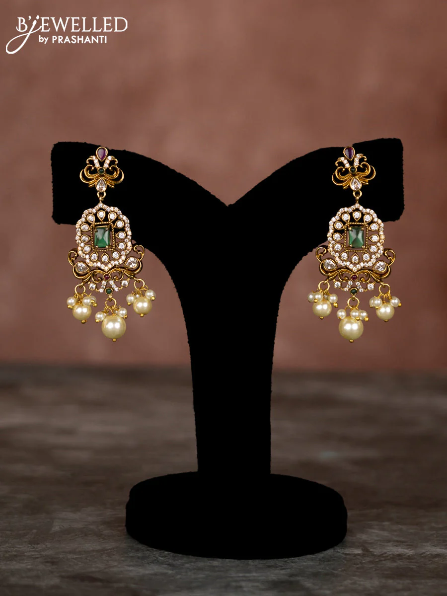 Beaded multilayer green necklace elephant design with kemp & cz stones and pearl hangings in victorian finish - Image 2