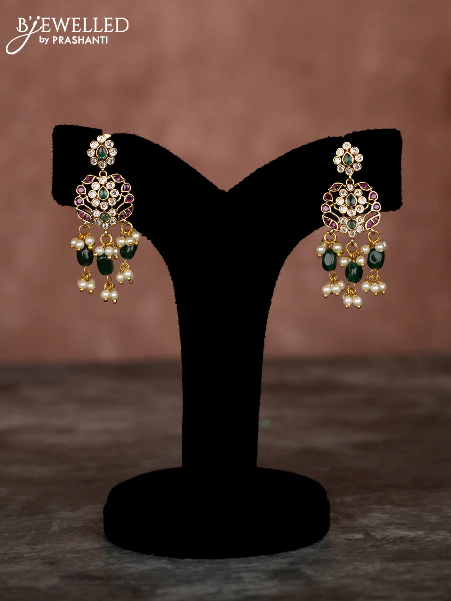Beaded multilayer green necklace floral pendant with kemp & cz stones and pearl hangings in victorian finish - Image 2