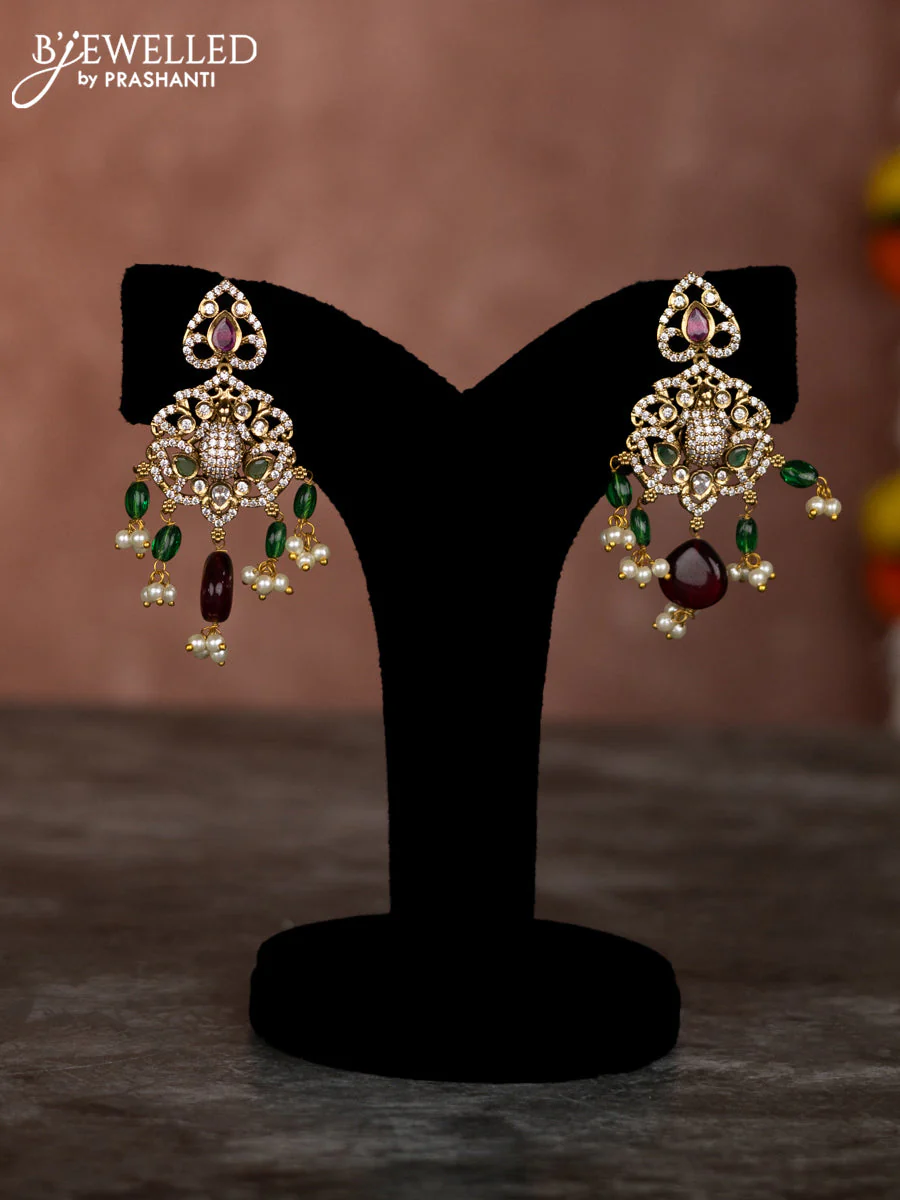 Beaded multilayer green red necklace lakshmi & ganesha pendant with emerald kundan & cz stones and pearl hangings in victorian finish - Image 2