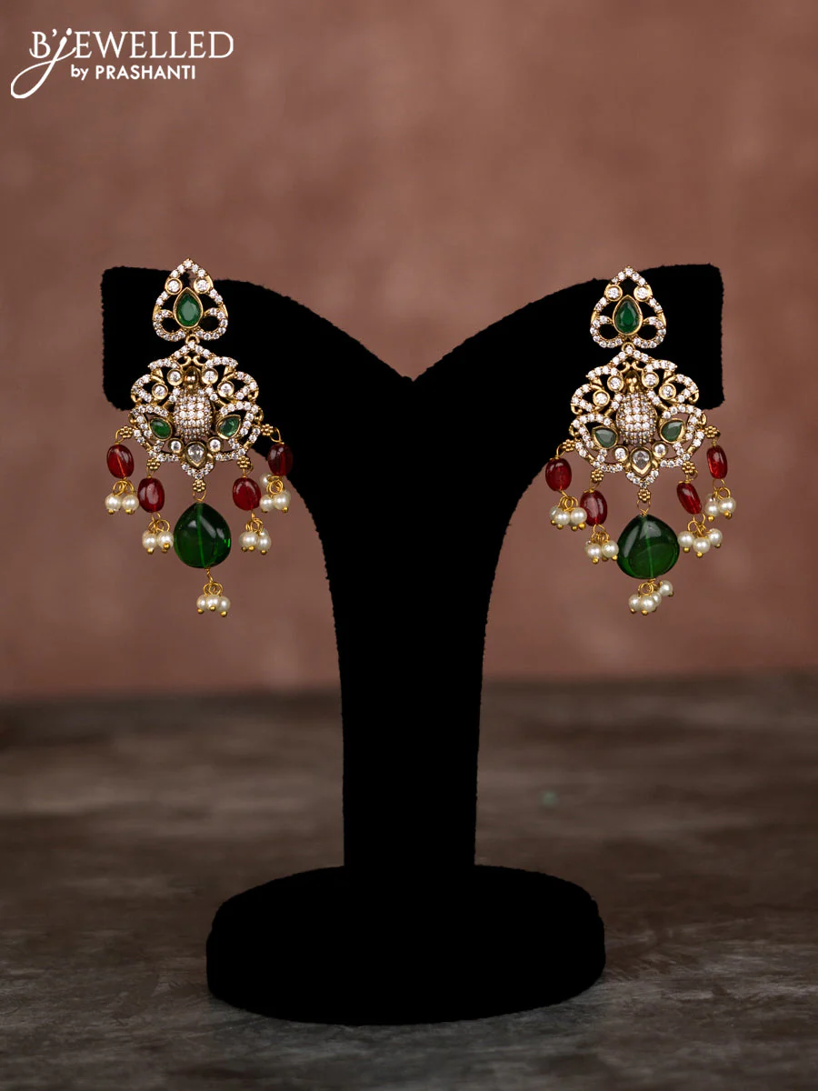 Beaded multilayer green red necklace peacock design with emerald & cz stones and pearl hangings in victorian finish - Image 2