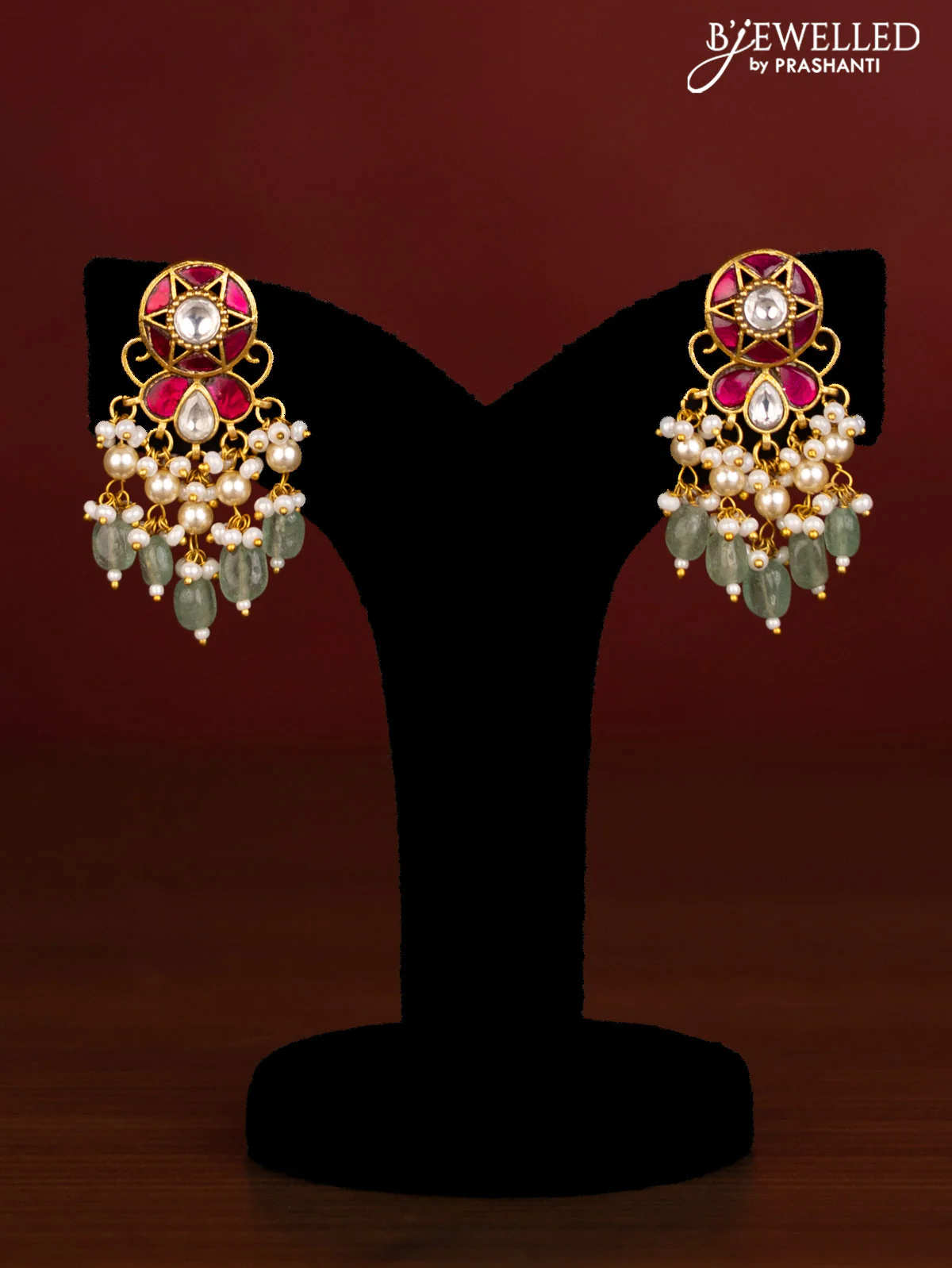 Beaded multilayer maroon haaram with pink jadau kundan stones and natural beads & pearl hangings - Image 2