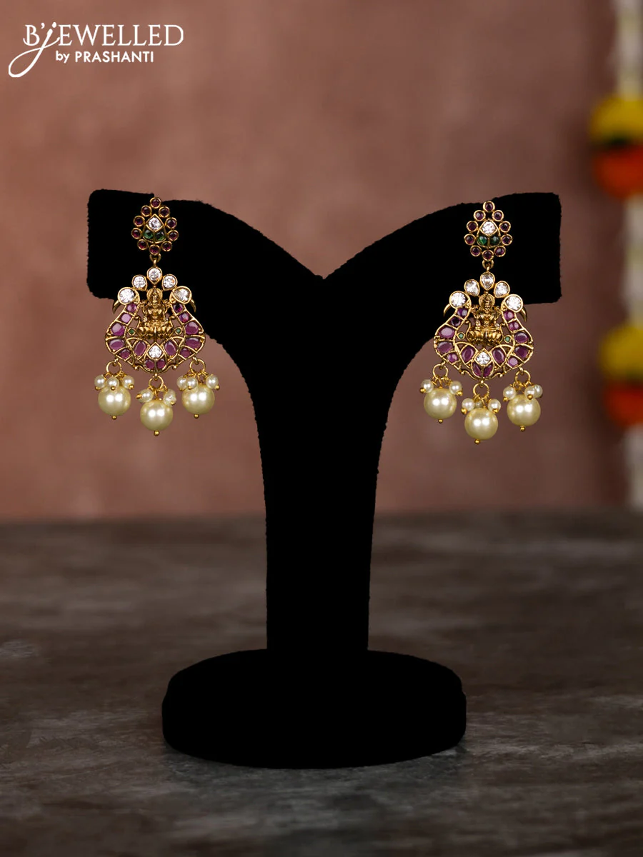 Beaded multilayer maroon necklace lakshmi pendant with kemp & cz stones and pearl hangings - Image 2