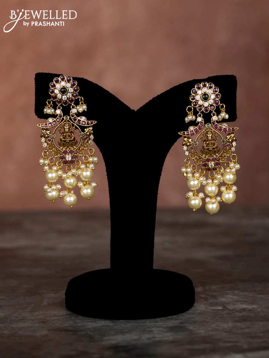 Beaded multilayer maroon necklace lakshmi pendant with kemp & cz stones and pearl hangings - Image 2