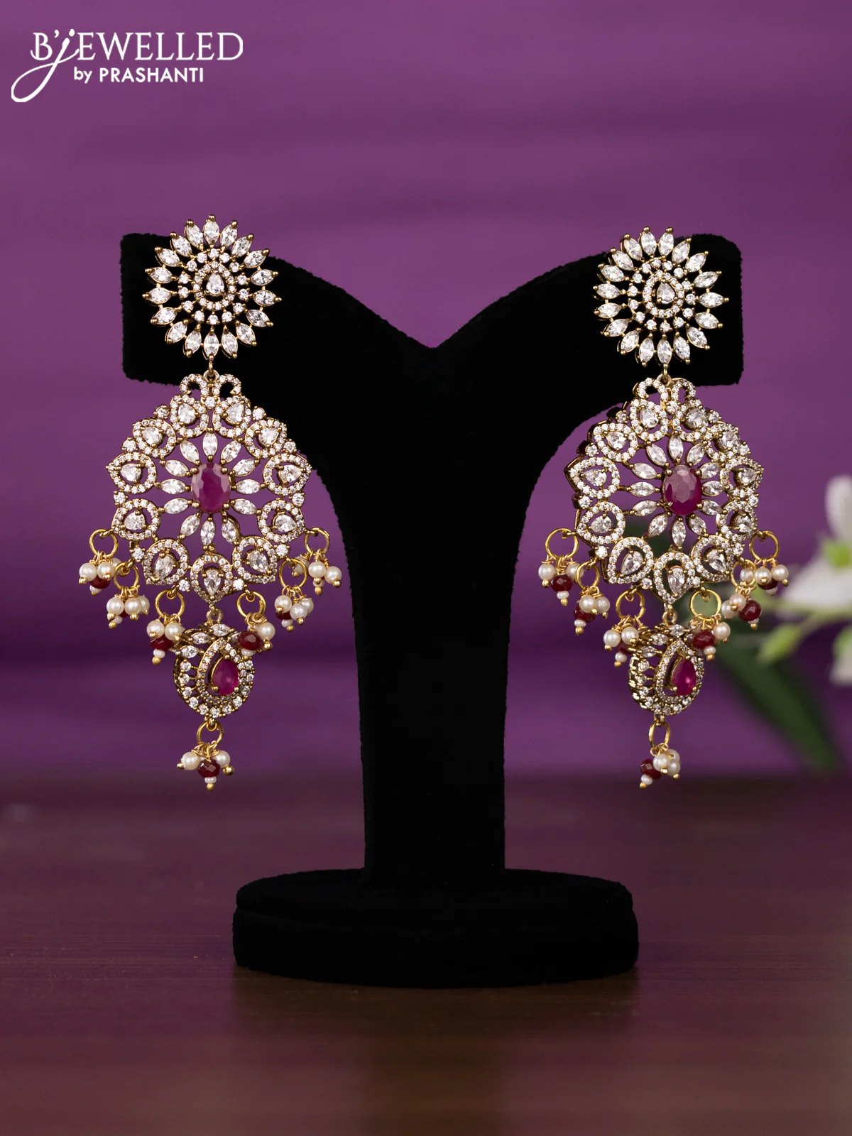 Beaded multilayer maroon necklace with ruby & cz stones and pearl & beads hangings in victorian finish - Image 2