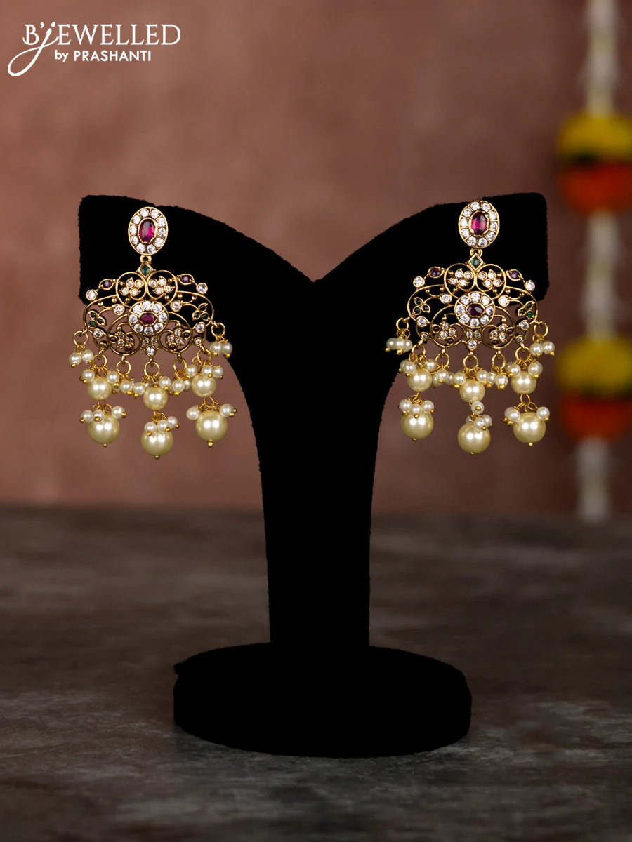 Beaded multilayer maroon necklace with zircon ,kemp & cz stones and pearl hangings - Image 2