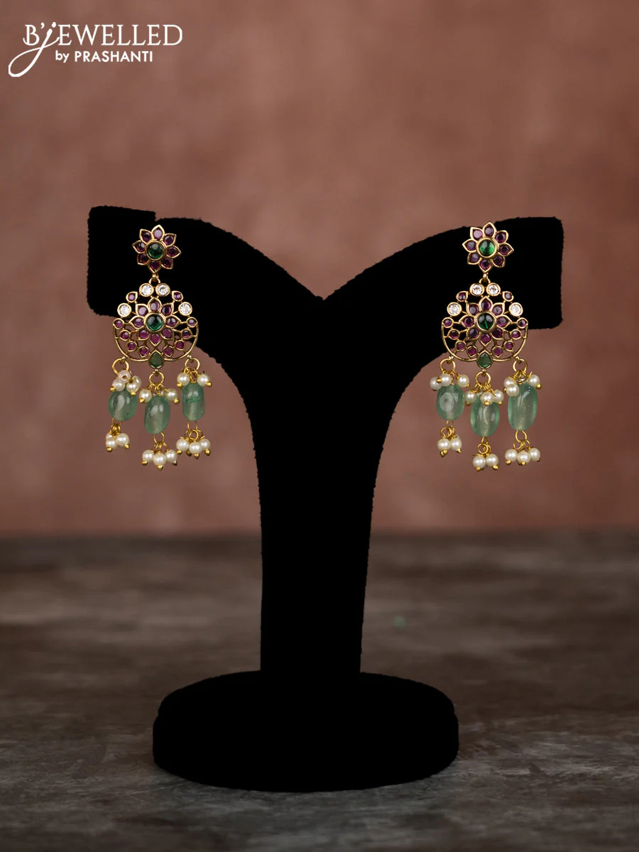 Beaded multilayer mint green necklace floral pendant with kemp & cz stones and pearl hangings in victorian finish - Image 2
