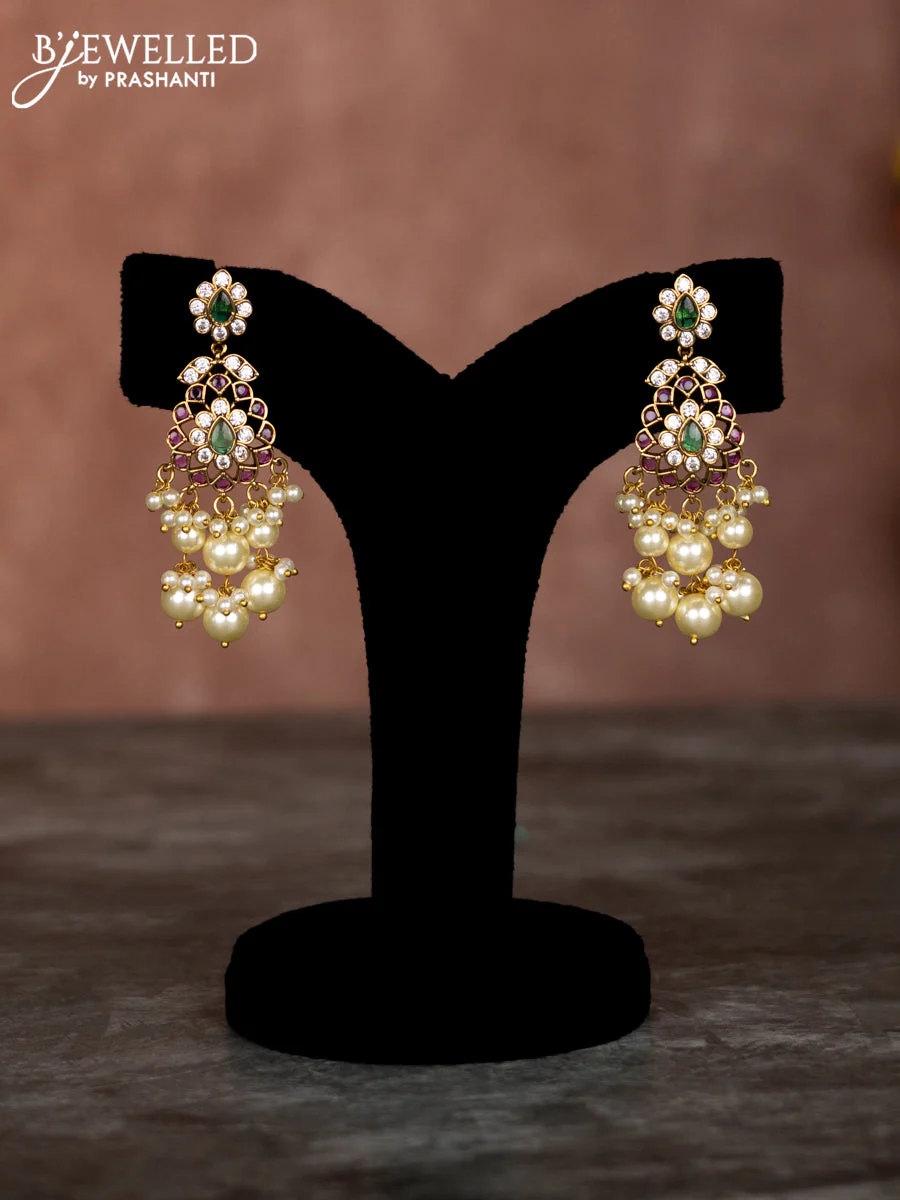 Beaded multilayer mint green necklace with kemp & cz stones and pearl hangings in victorian finish - Image 2
