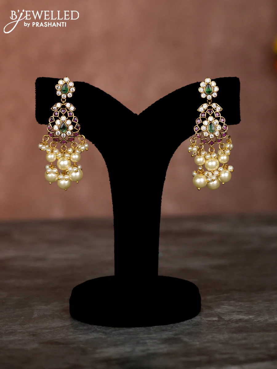 Beaded multilayer mint green necklace with kemp & cz stones and pearl hangings in victorian finish - Image 2