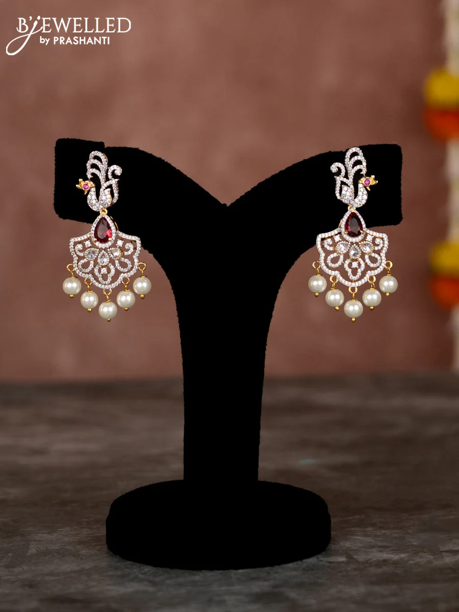 Beaded multilayer pink necklace peacock design with ruby & cz stones and hangings - Image 2