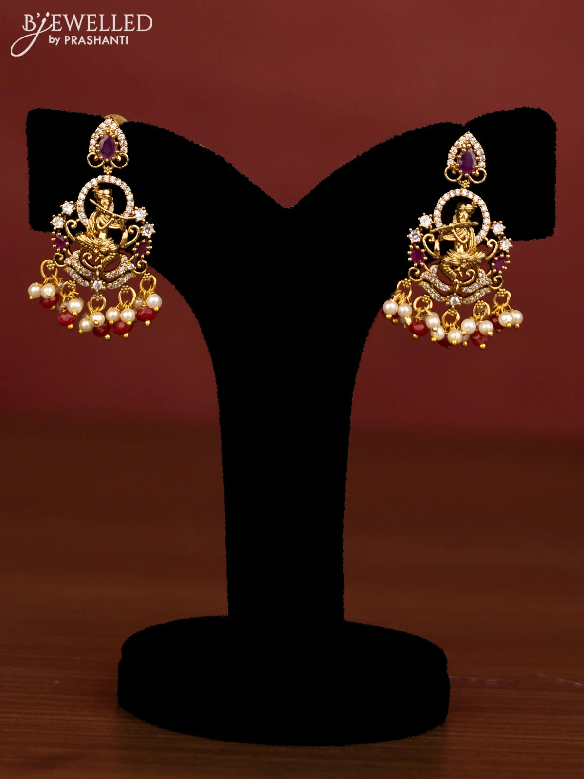 Beaded multilayer red necklace krishna pendant with ruby & cz stones and pearl hanging in victorian finish - Image 2