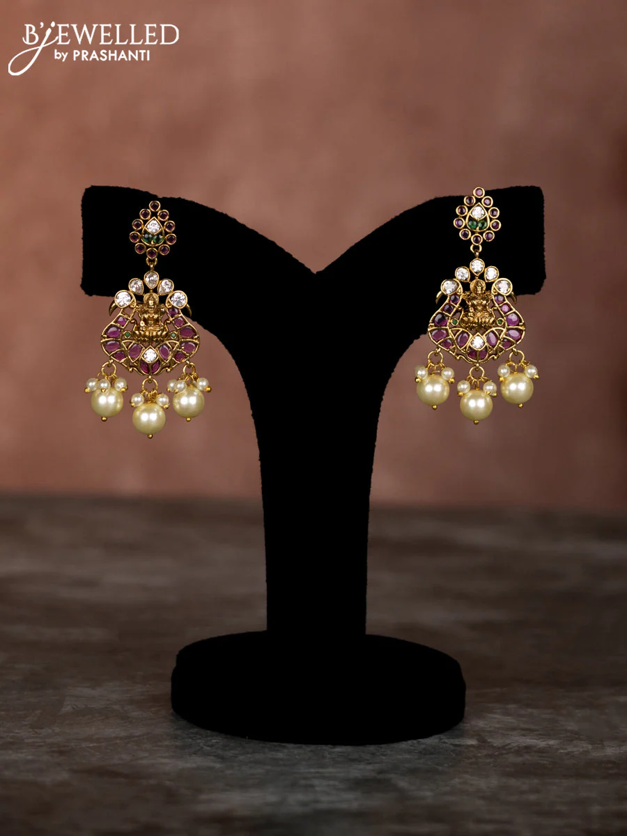 Beaded multilayer violet necklace lakshmi pendant with kemp & cz stones and pearl hangings - Image 2