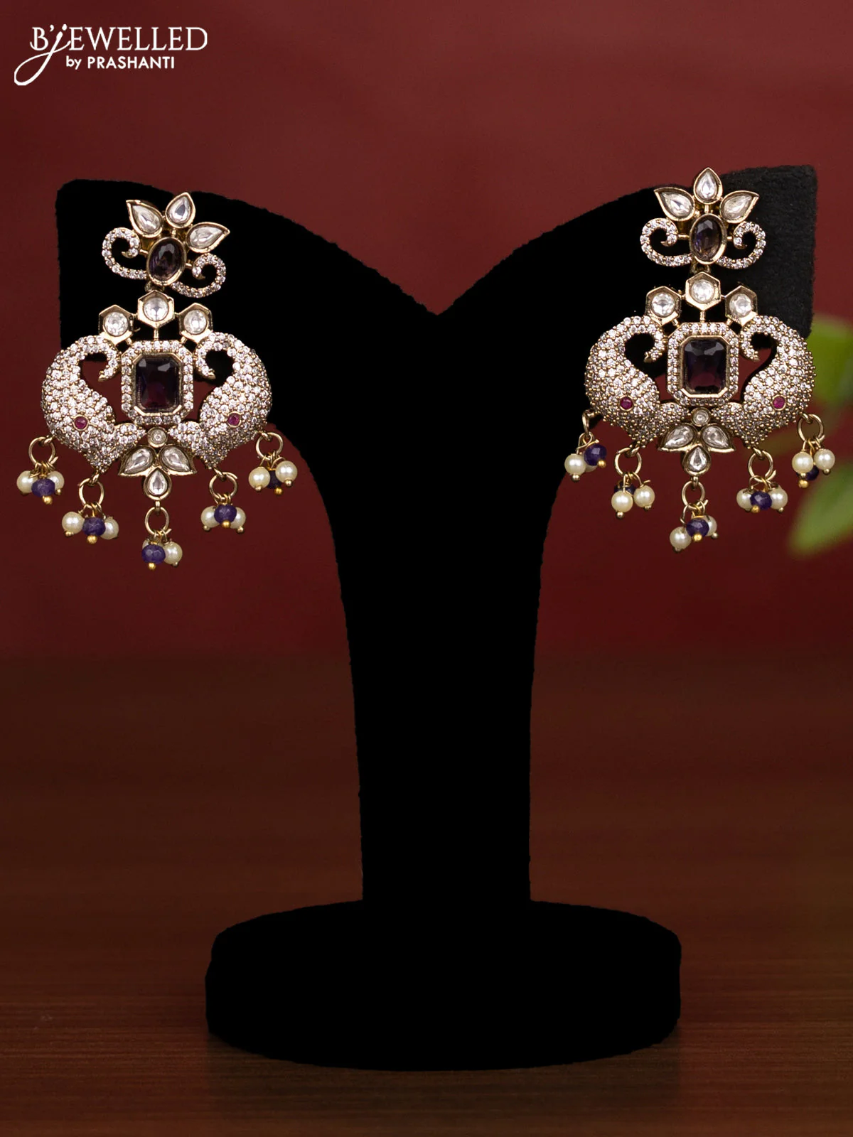 Beaded multilayer violet necklace with kundan & cz stones and pearl & beads hanging in victorian finish - Image 2