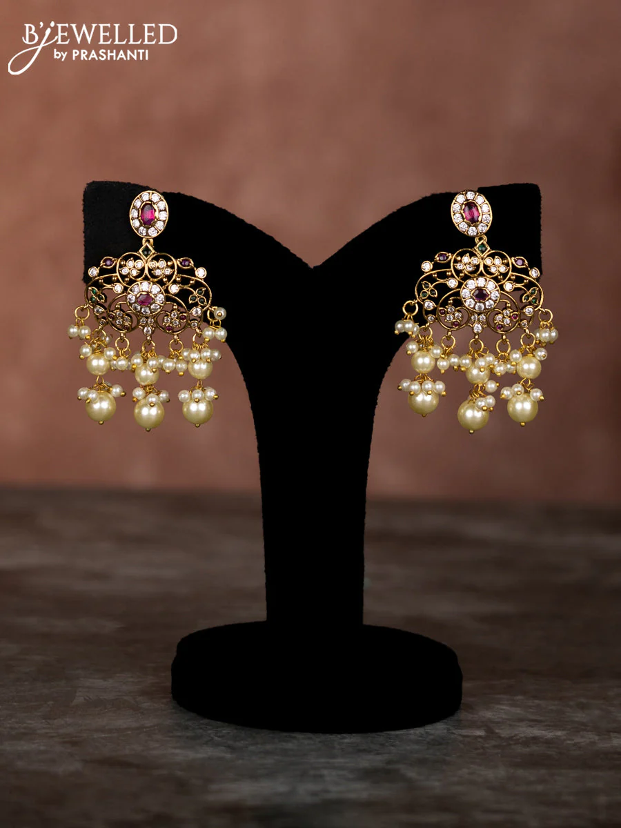 Beaded multilayer voilet necklace with zircon ,kemp & cz stones and pearl hangings - Image 2