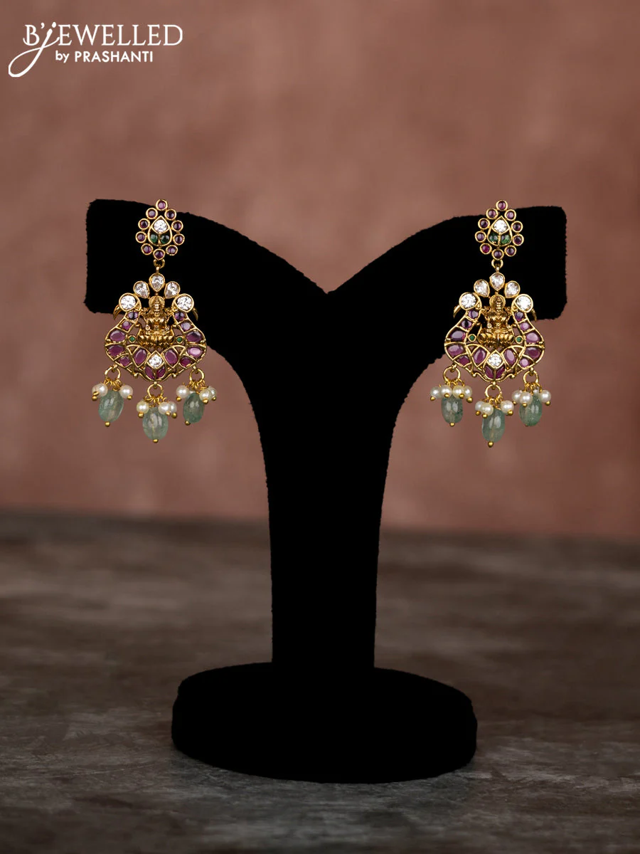 Beaded multilayer white necklace lakshmi pendant with kemp & cz stones and pearl hangings - Image 2