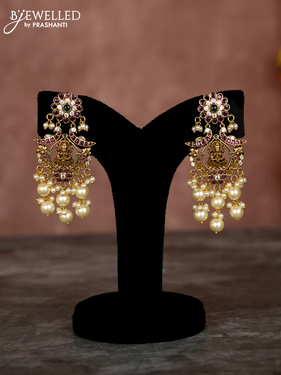 Beaded multilayer white necklace lakshmi pendant with kemp & cz stones and pearl hangings - Image 2