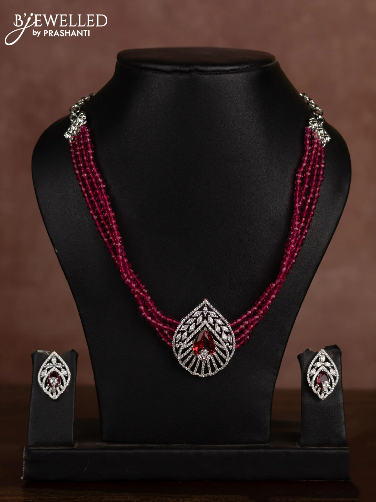 Beaded pink choker with ruby and cz stones in zircon finish