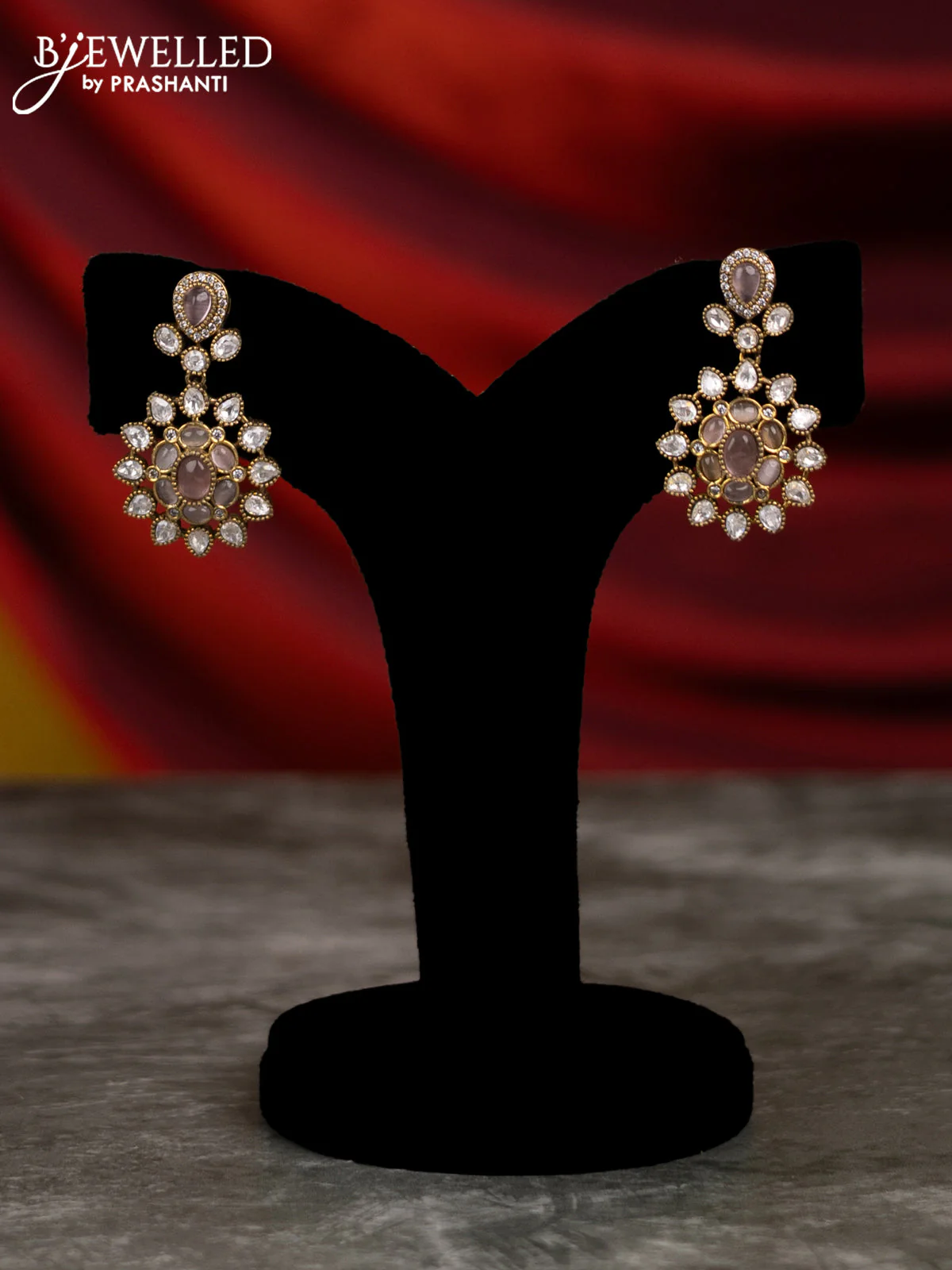 Beaded pink necklace with baby pink & kundan stones and pearl & beads hangings in victorian finish - Image 2