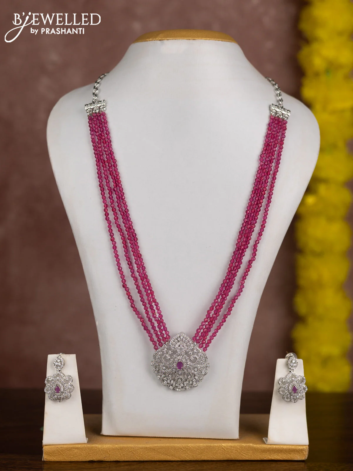 Beaded pink necklace with ruby and cz stones in zircon finish