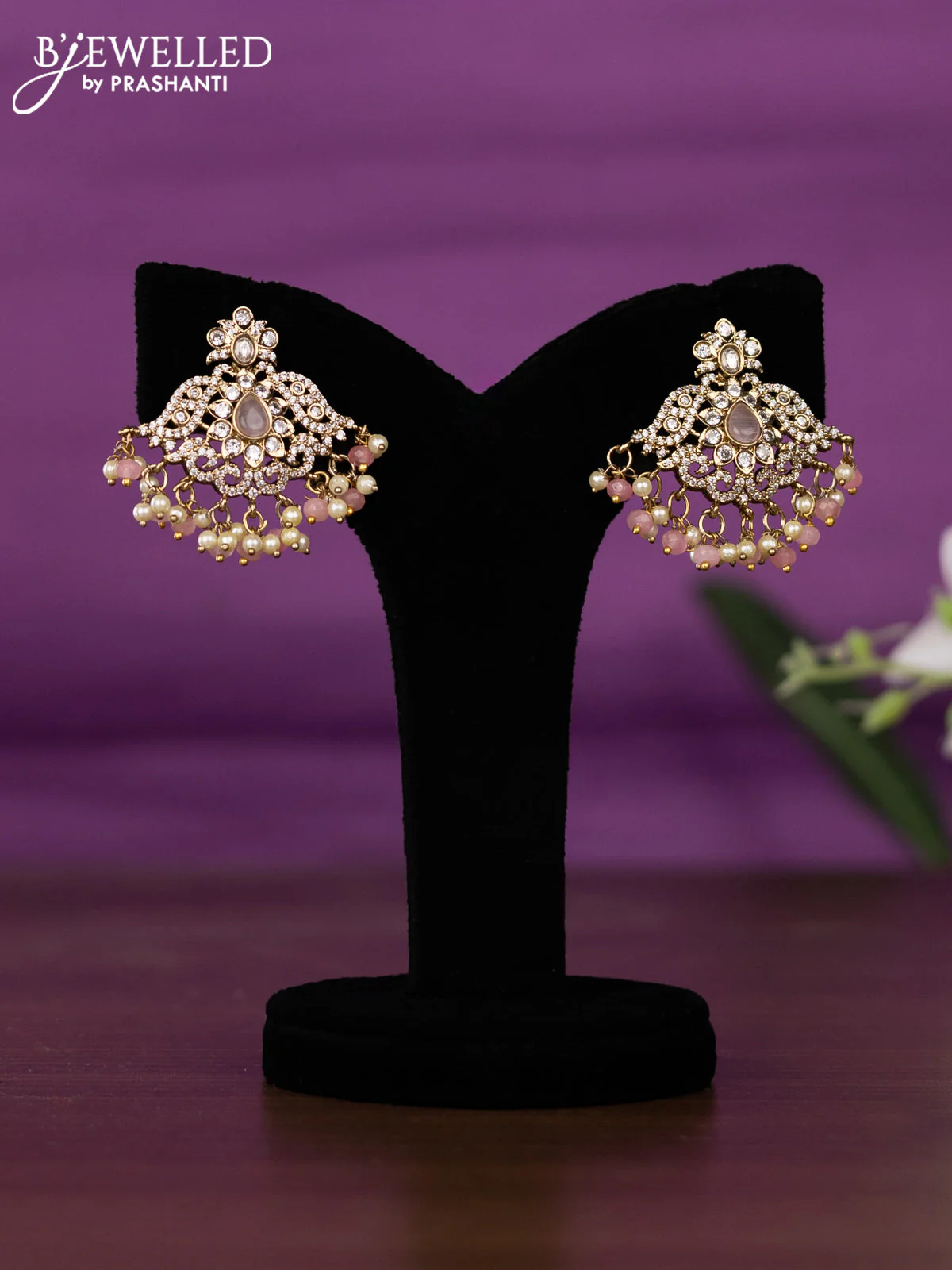 Beaded triple layer baby pink necklace with kundan & cz stones and pearl & beads hangings - Image 2