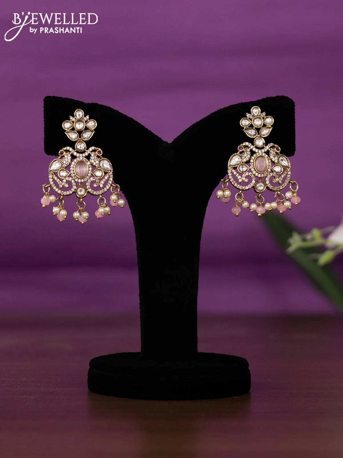 Beaded triple layer baby pink necklace with kundan & cz stones and pearl & beads hangings - Image 2