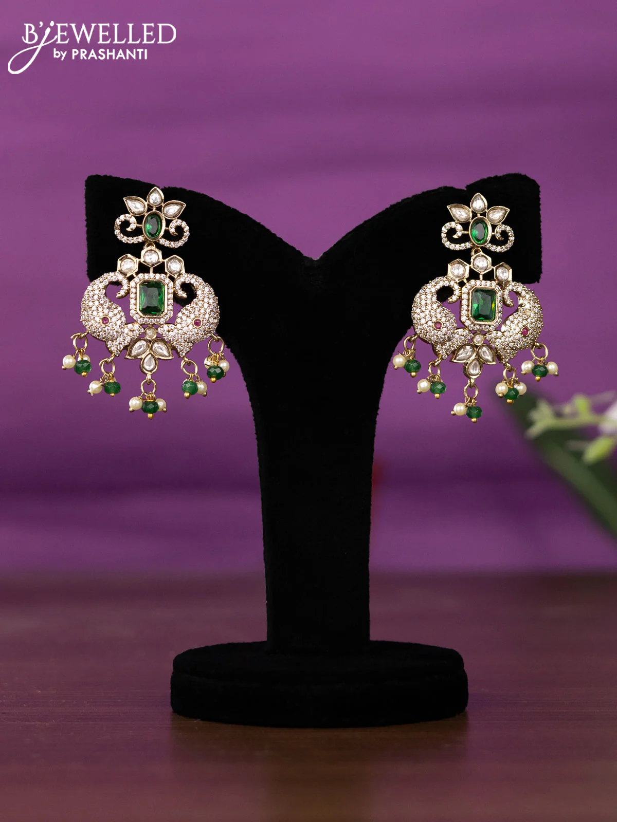 Beaded triple layer green necklace elephant design with kundan & cz stones and pearl & beads hangings - Image 2