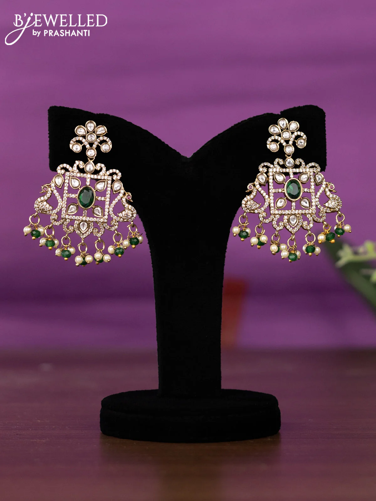 Beaded triple layer green necklace peacock design with kundan & cz stones and pearl & beads hangings - Image 2