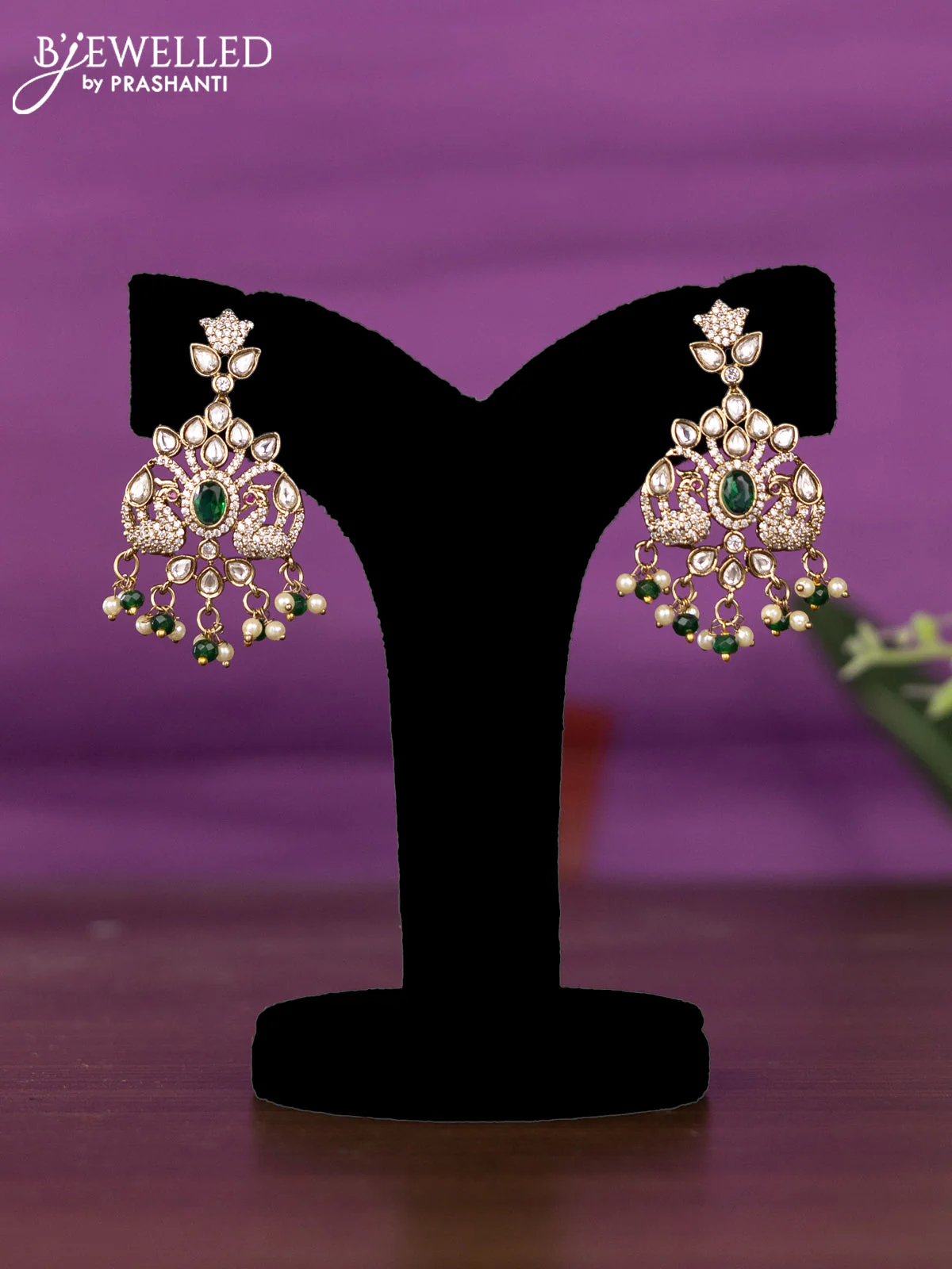 Beaded triple layer green necklace peacock design with kundan & cz stones and pearl & beads hangings - Image 2