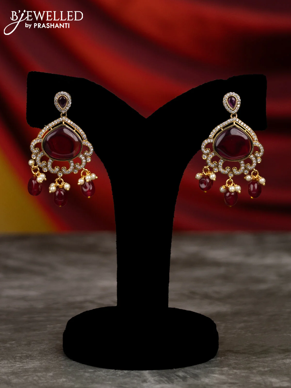 Beaded triple layer maroon necklace lakshmi design with ruby & cz stones and pearl & beads hangings in victorian finish - Image 2