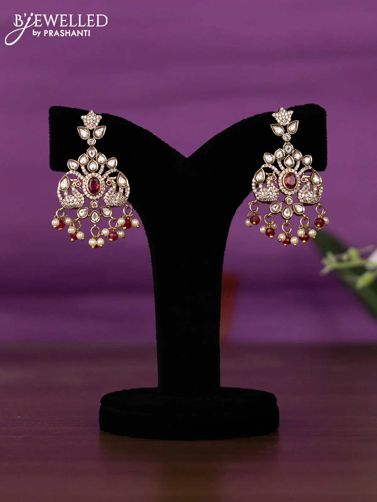 Beaded triple layer maroon necklace peacock design with kundan & cz stones and pearl & beads hangings - Image 2