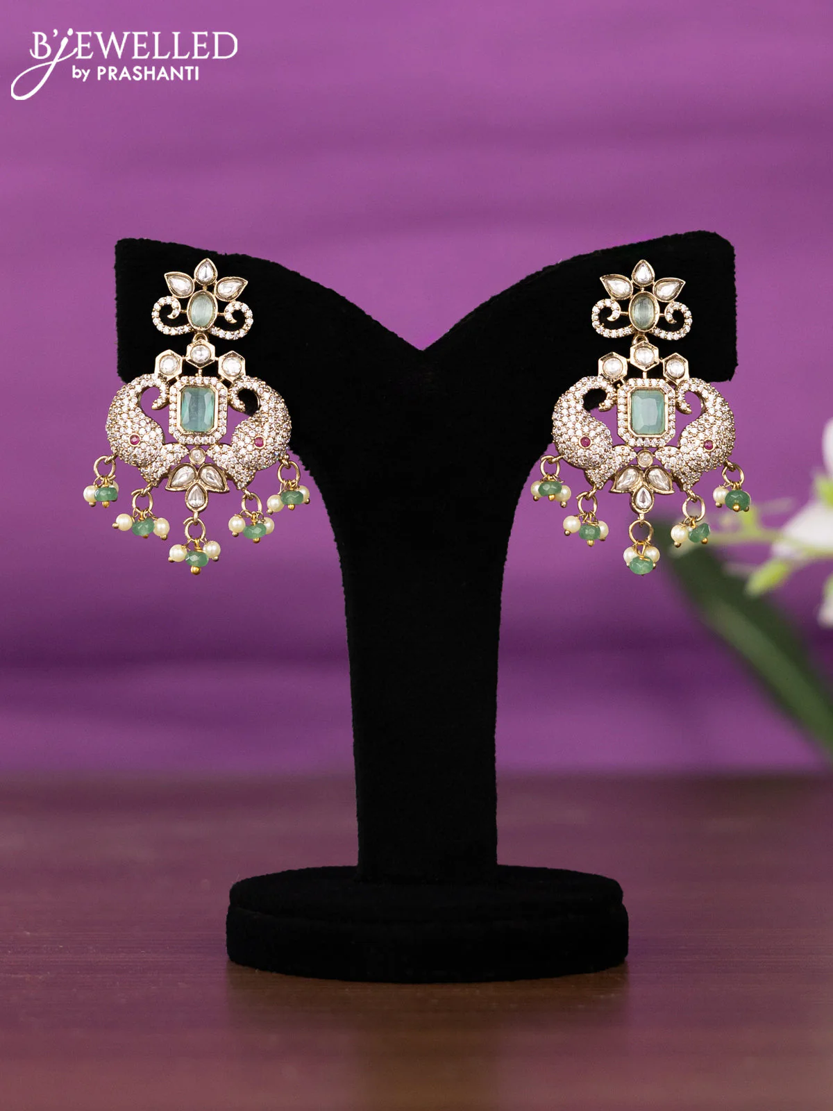 Beaded triple layer mint green necklace elephant design with kundan & cz stones and pearl & beads hangings - Image 2