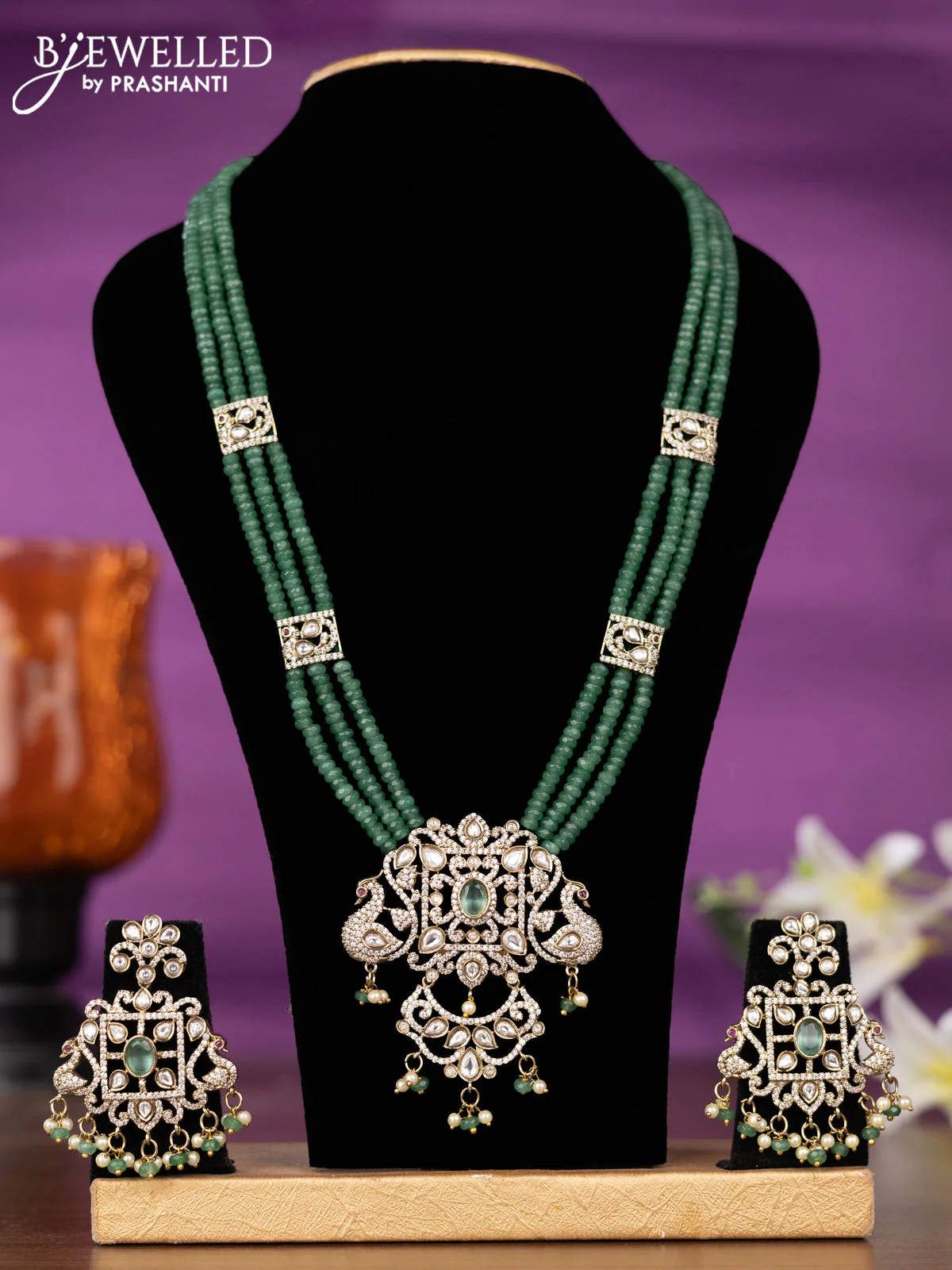 Beaded triple layer mint green necklace peacock design with kundan & cz stones and pearl & beads hangings