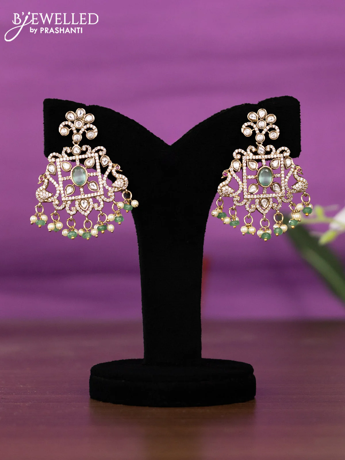 Beaded triple layer mint green necklace peacock design with kundan & cz stones and pearl & beads hangings - Image 2