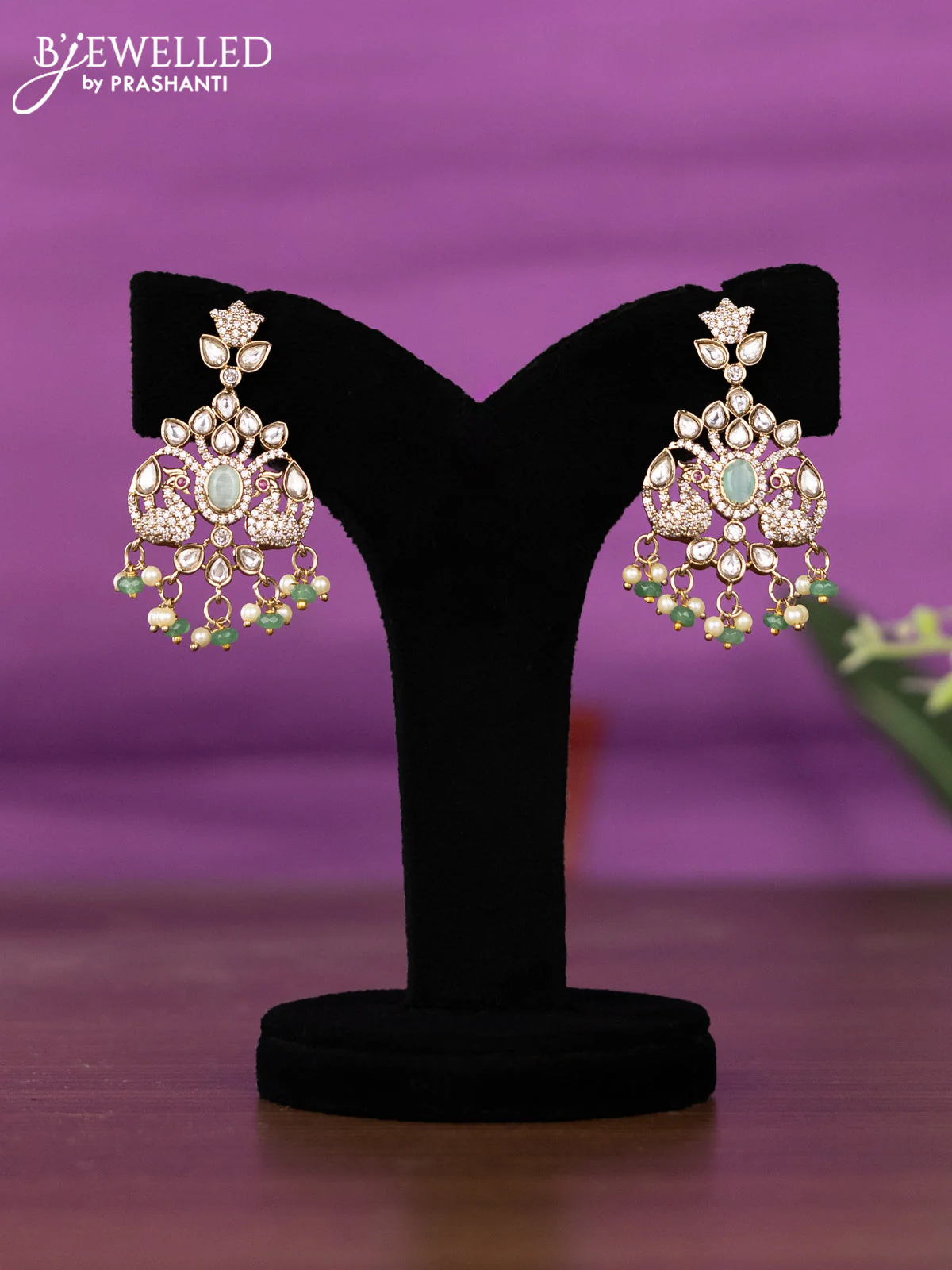 Beaded triple layer mint green necklace peacock design with kundan & cz stones and pearl & beads hangings - Image 2