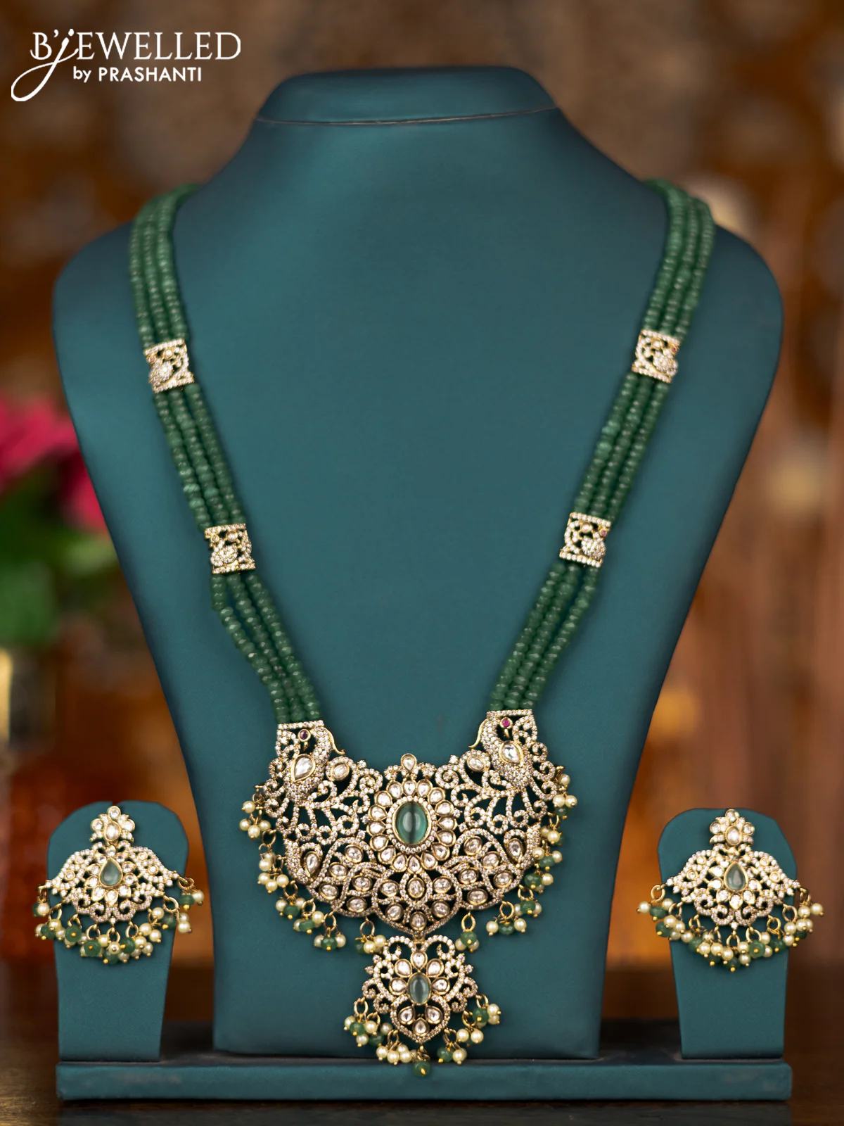 Beaded triple layer mint green necklace peacock design with kundan & cz stones in victorian finish