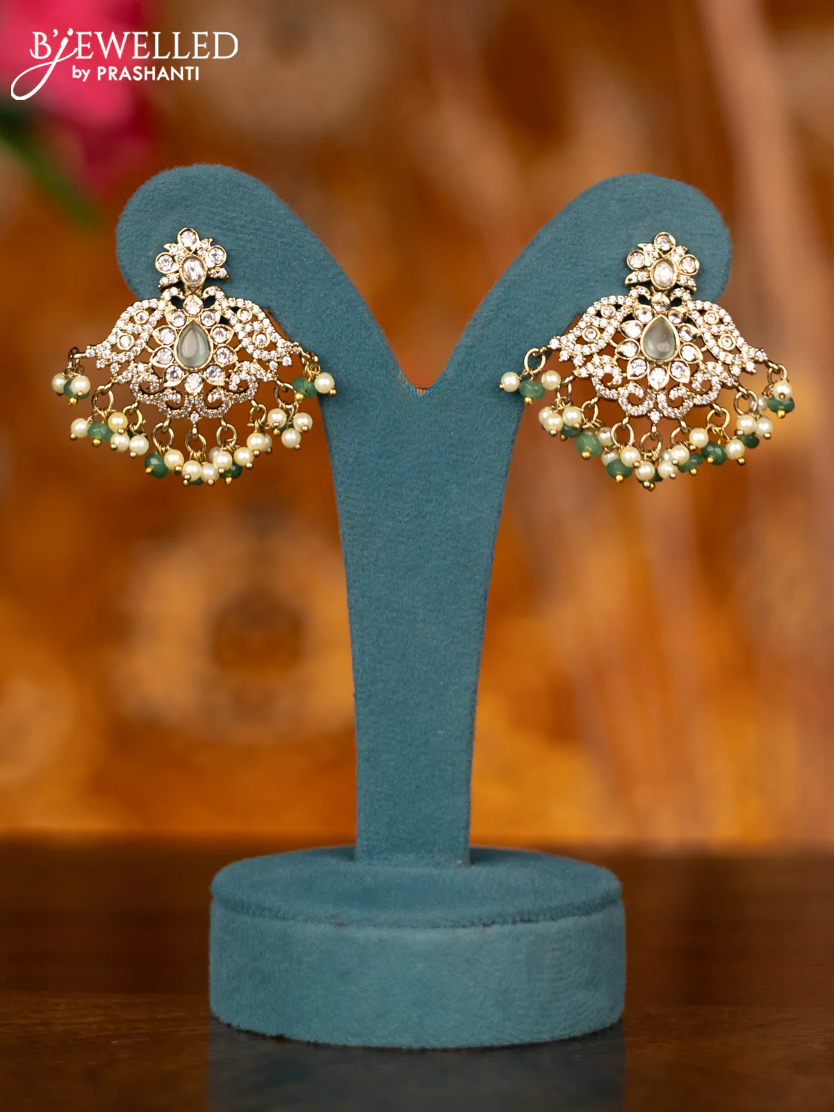 Beaded triple layer mint green necklace peacock design with kundan & cz stones in victorian finish - Image 2