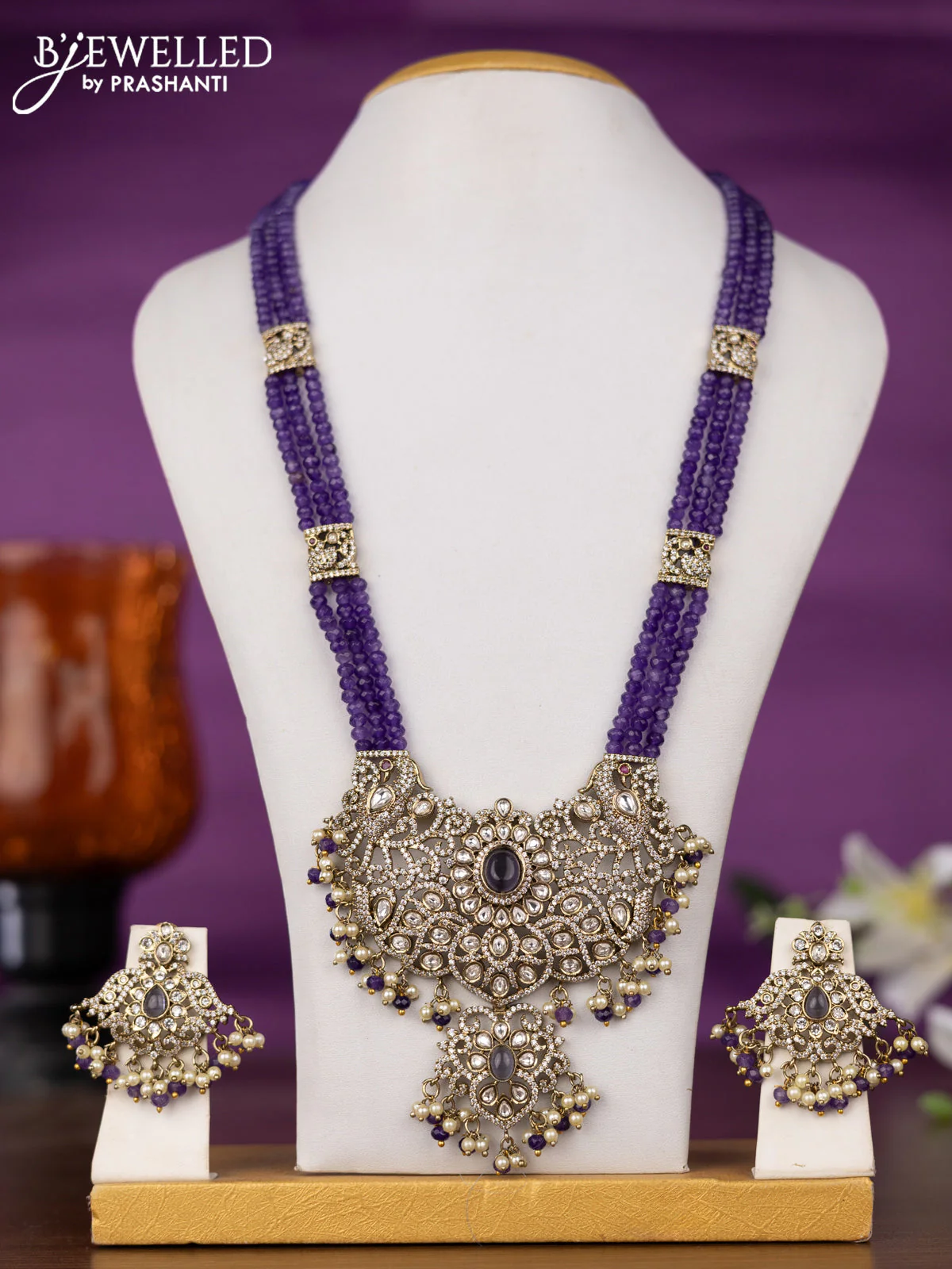Beaded triple layer violet necklace with kundan & cz stones and pearl & beads hangings