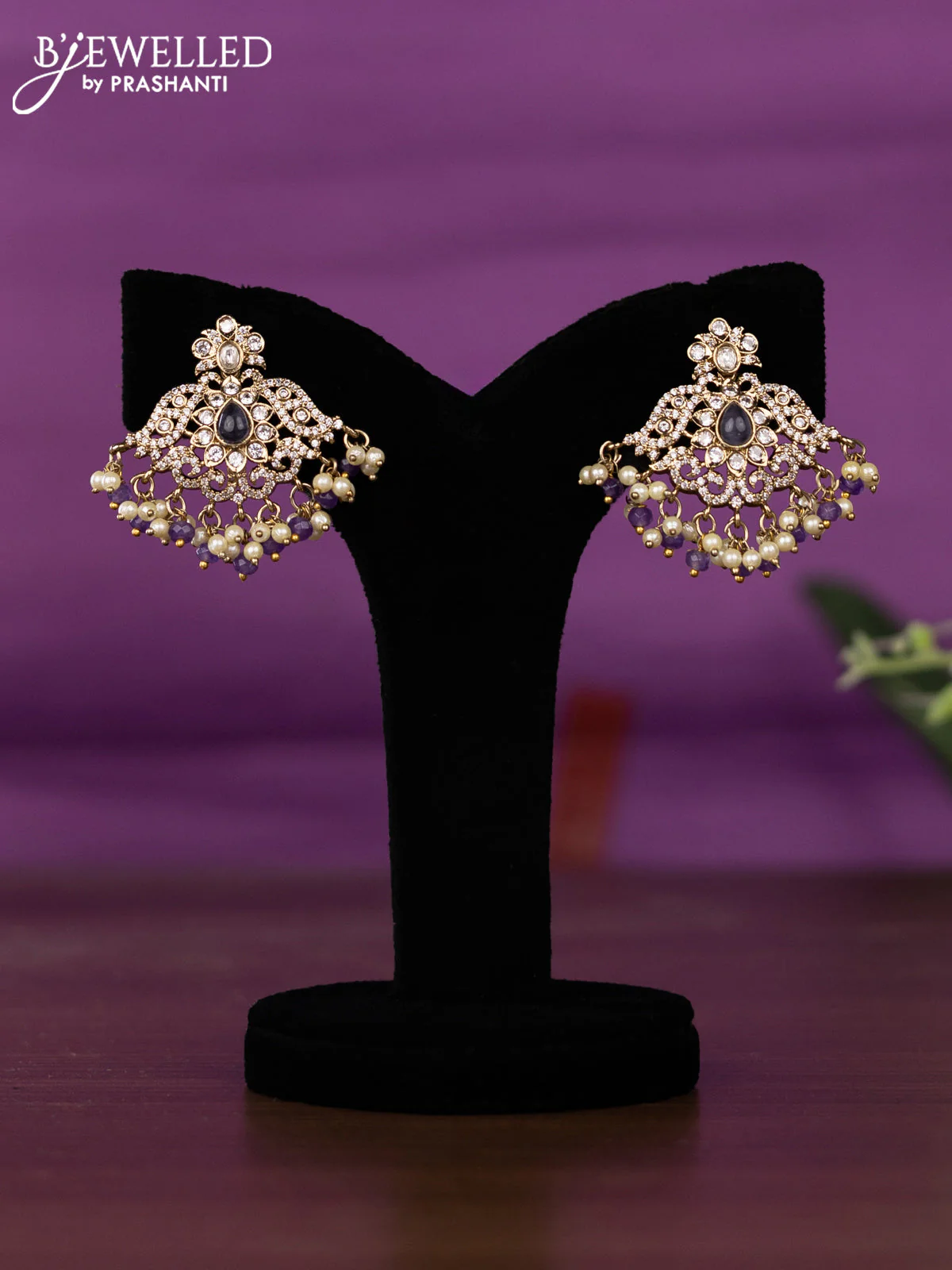 Beaded triple layer violet necklace with kundan & cz stones and pearl & beads hangings - Image 2