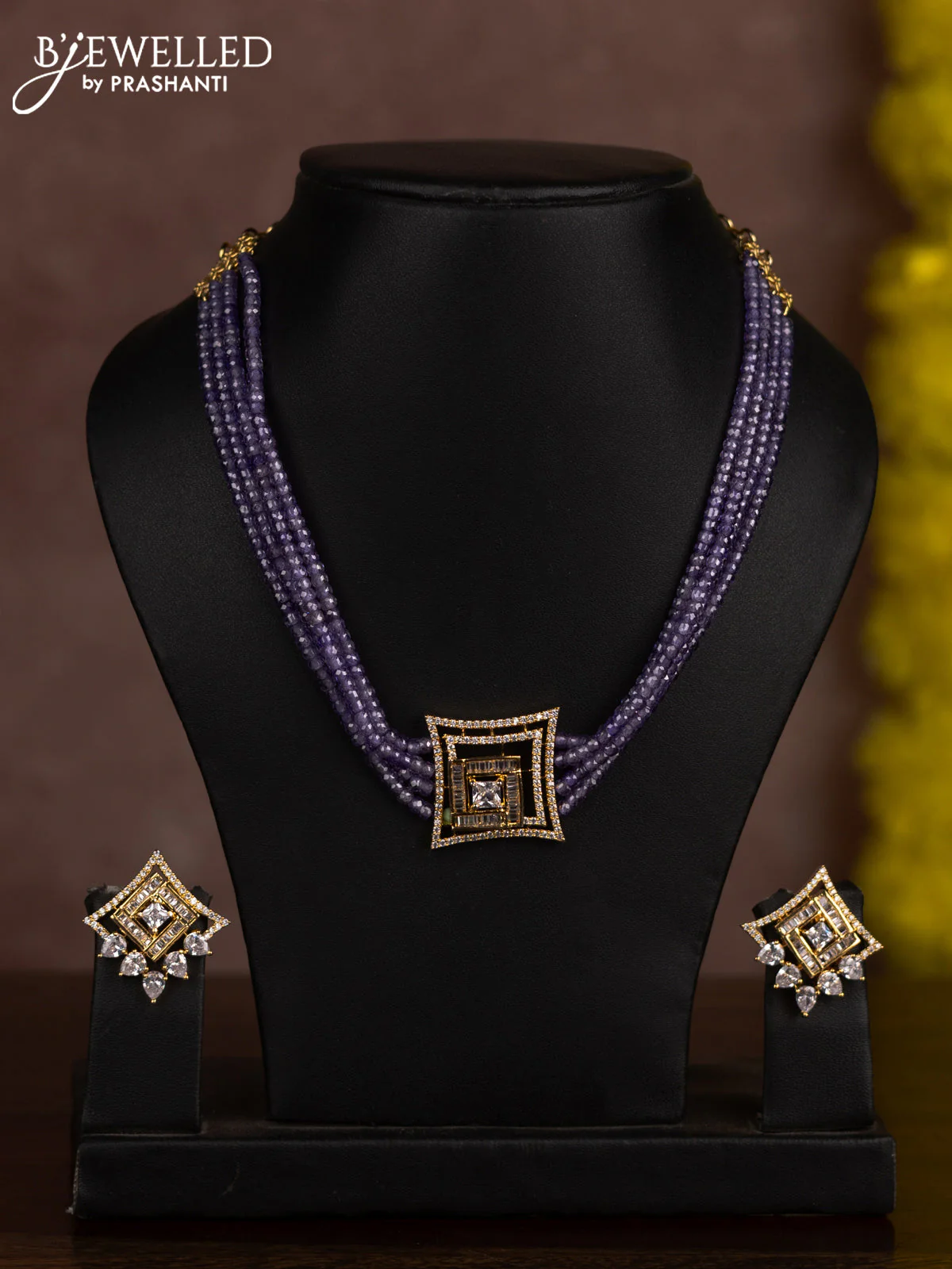 Beaded violet choker with cz stones in gold finish