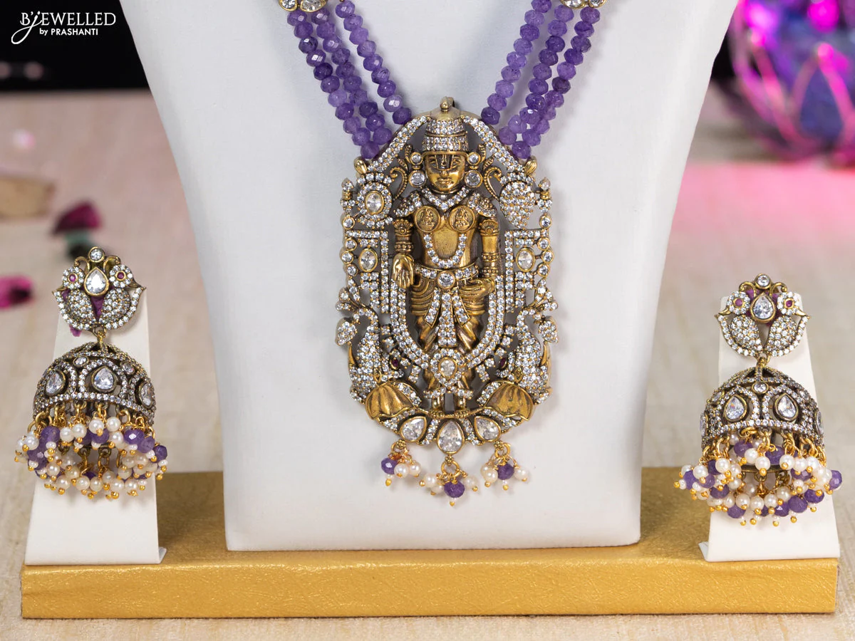 Beaded violet necklace cz stones with tirupati balaji pendant and beads hangings in victorian finish - Image 2