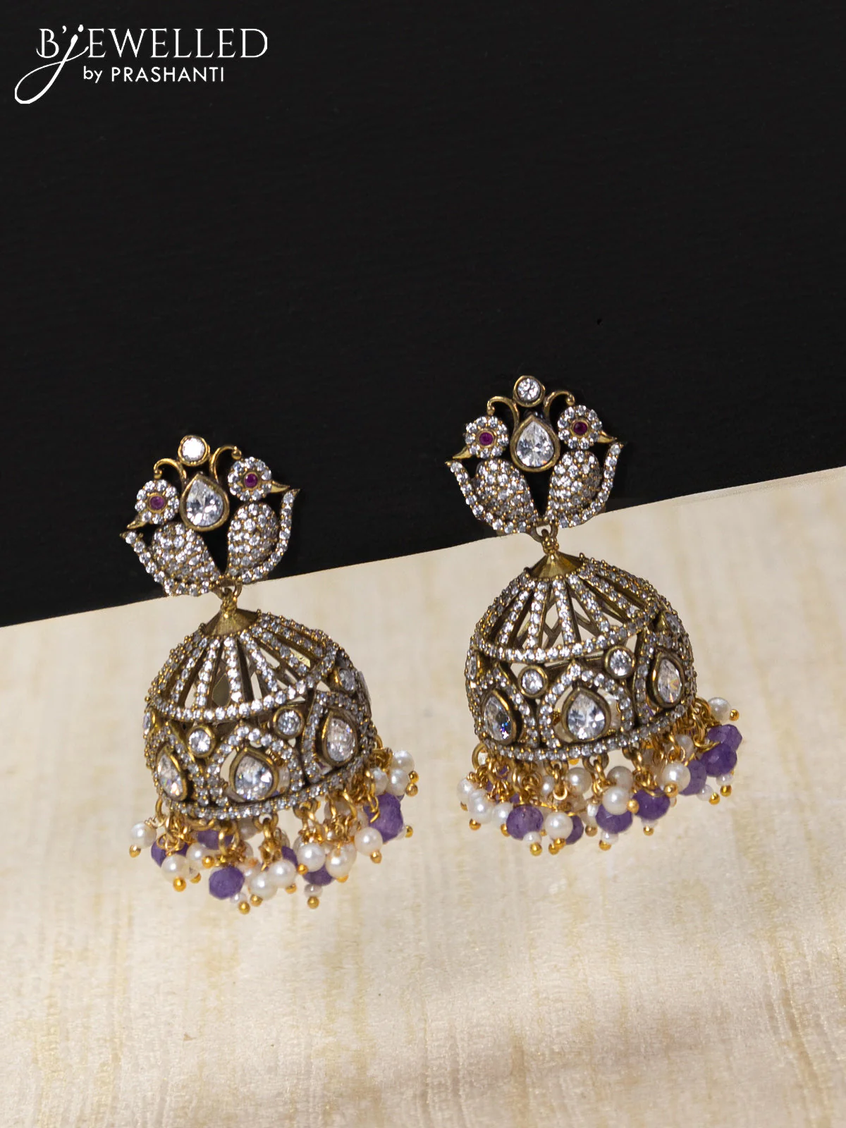 Beaded violet necklace cz stones with tirupati balaji pendant and beads hangings in victorian finish - Image 3