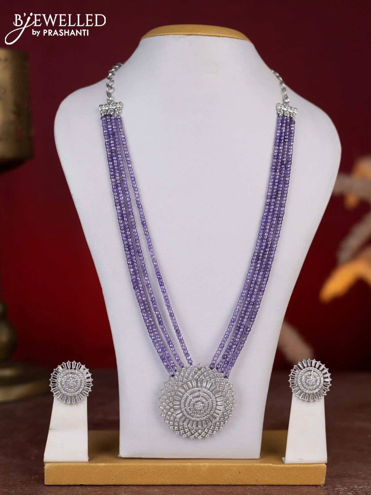 Beaded violet necklace with cz stones in zircon finish
