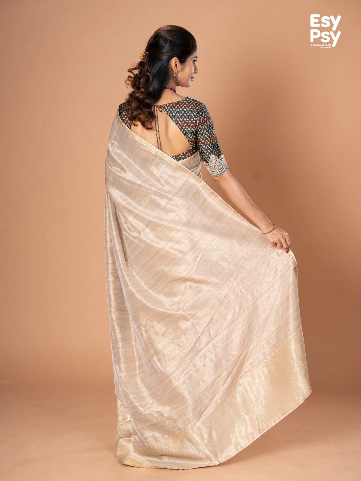 Beige Raw Silk readymade saree with readymade ajrakh printed blouse - Image 2