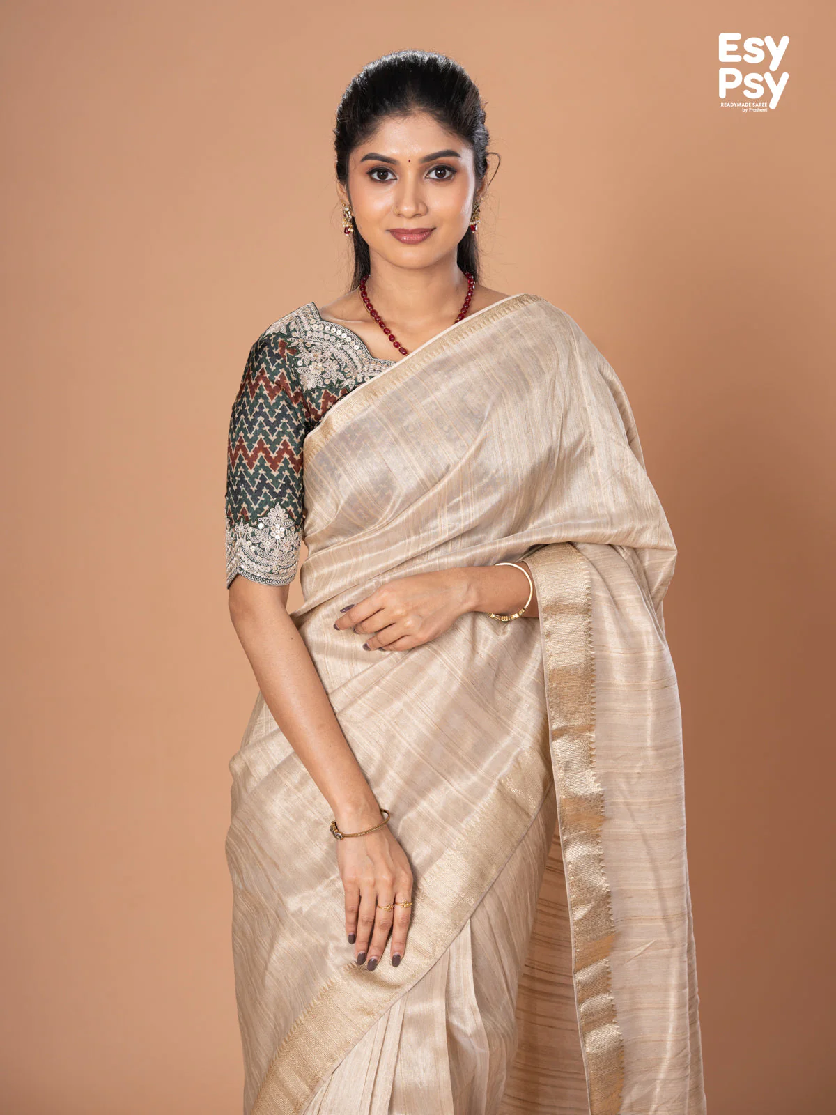Beige Raw Silk readymade saree with readymade ajrakh printed blouse - Image 3