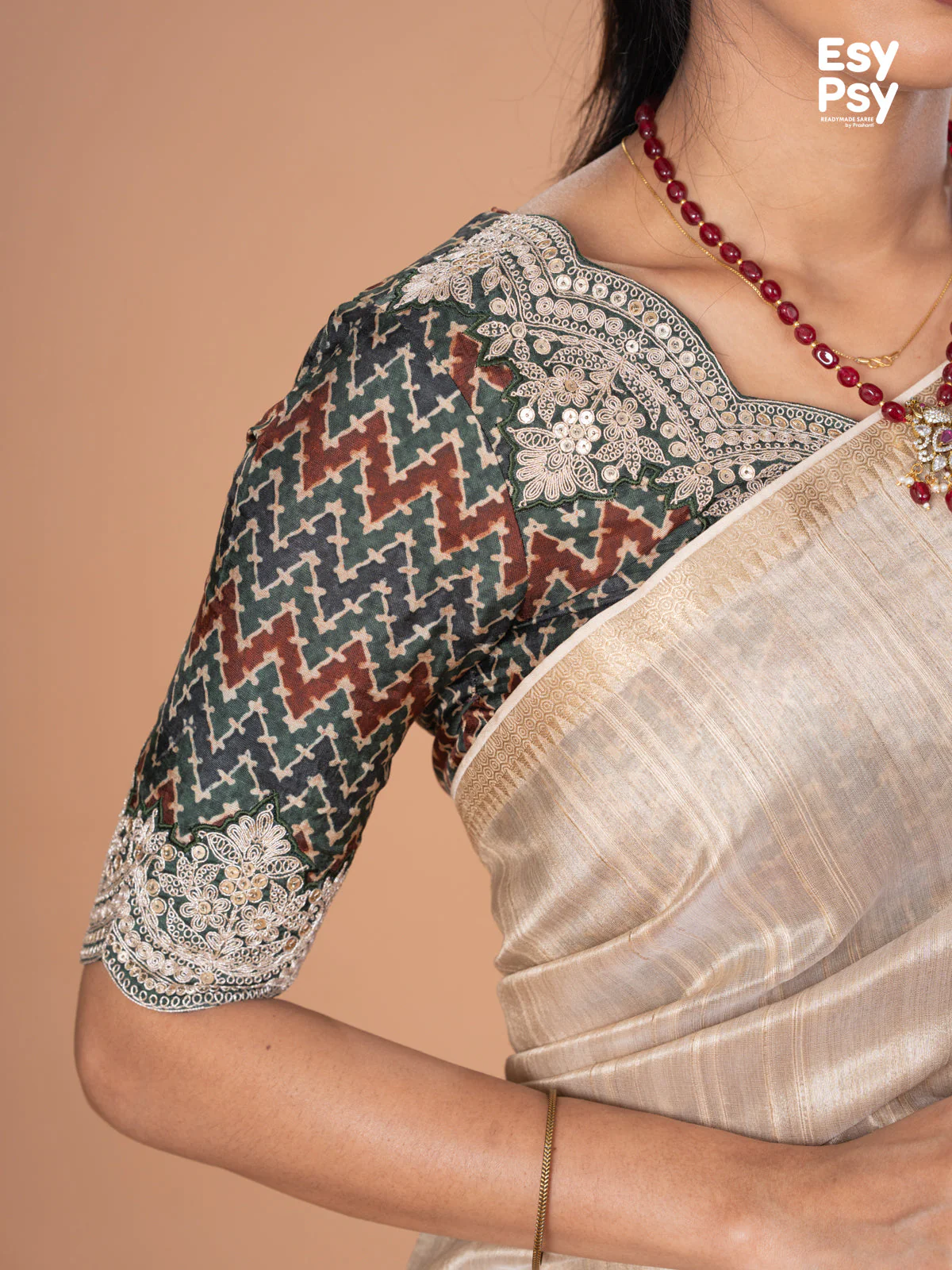 Beige Raw Silk readymade saree with readymade ajrakh printed blouse - Image 4