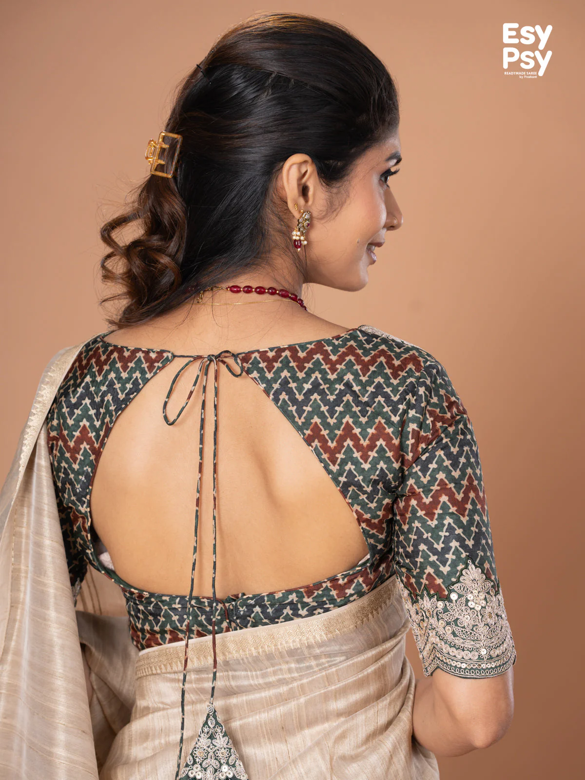 Beige Raw Silk readymade saree with readymade ajrakh printed blouse - Image 5