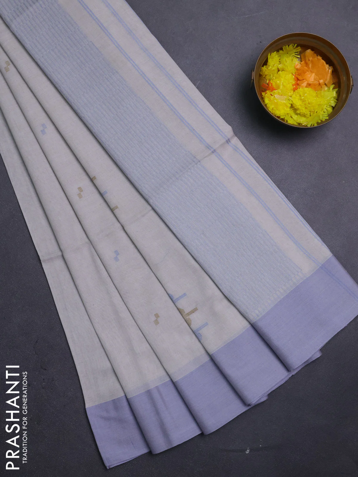 Bengal soft cotton saree beige and grey with thread woven buttas and simple border